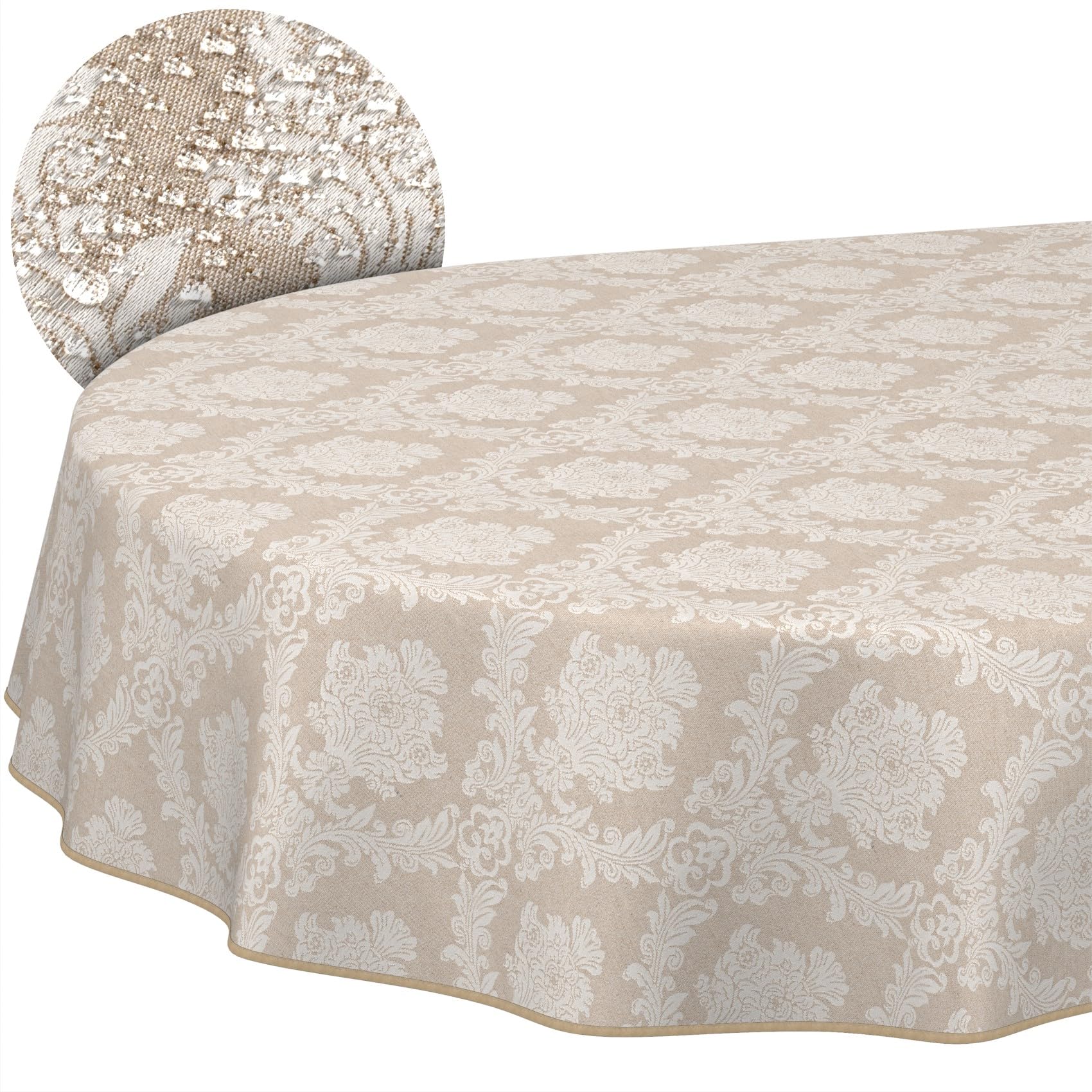 ANRO Mantel de Mesa Tela 70% Algodón 30% Poliéster Lavable Ornamento Damasco Jacquard Beige Borde Cortado 260x140 cm