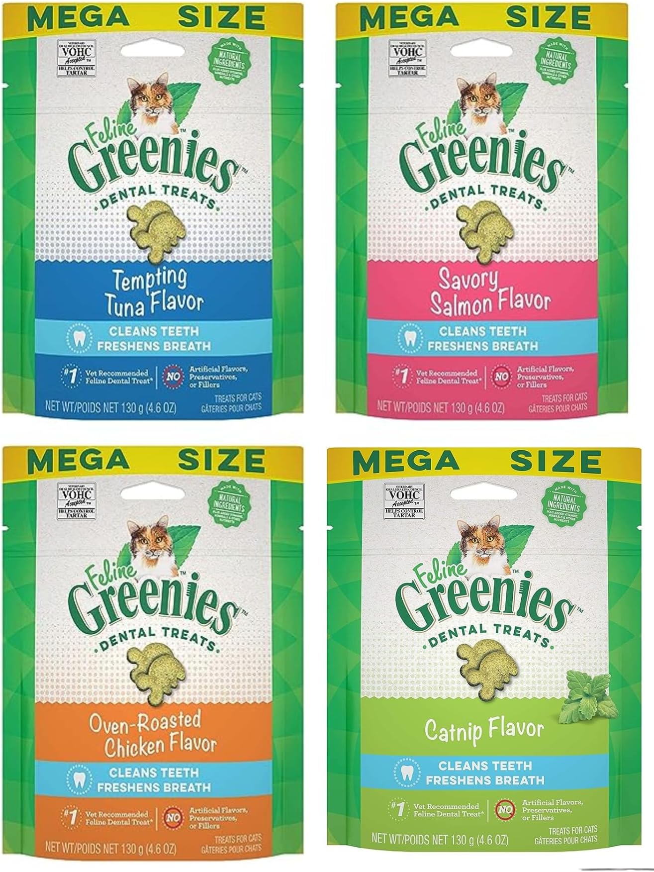 Pet Faves(4-Pack) Feline Dental Cat Treat Variety Bundle 4 Flavors - 4.6oz Each Bag, Tempting Tuna, Savory Salmon, Oven Roasted Chicken, and Catnip Flavor