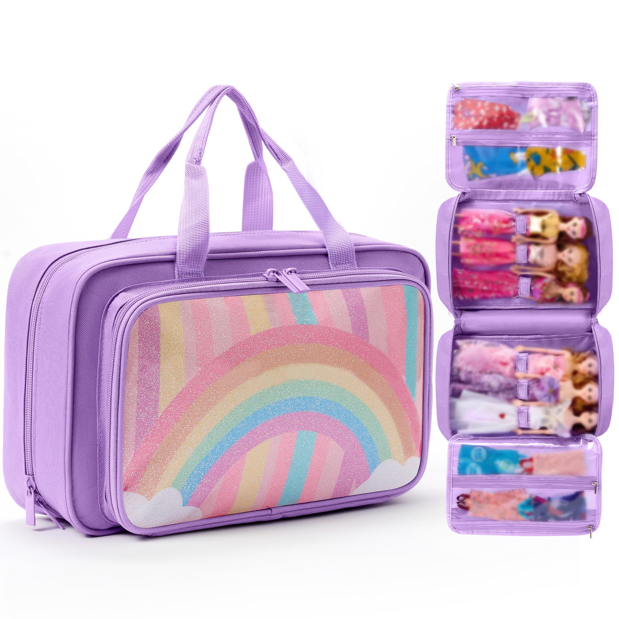 BECOSEFU Carrying Case Compatible with Barbie Dolls 12-Inch, Storage Organizer Holder with Handle for up to 6 Dolls, Multiple Pockets for Clothes & Accessories,Travel Portable Storage Bag,Purple