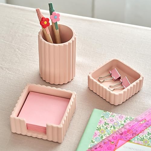 Miniatura 4 de KIBAGA Juego de 3 accesorios de escritorio modernos y estéticos, elegantes organizadores de hormigón rosa para bolígrafos y suministros de oficina,