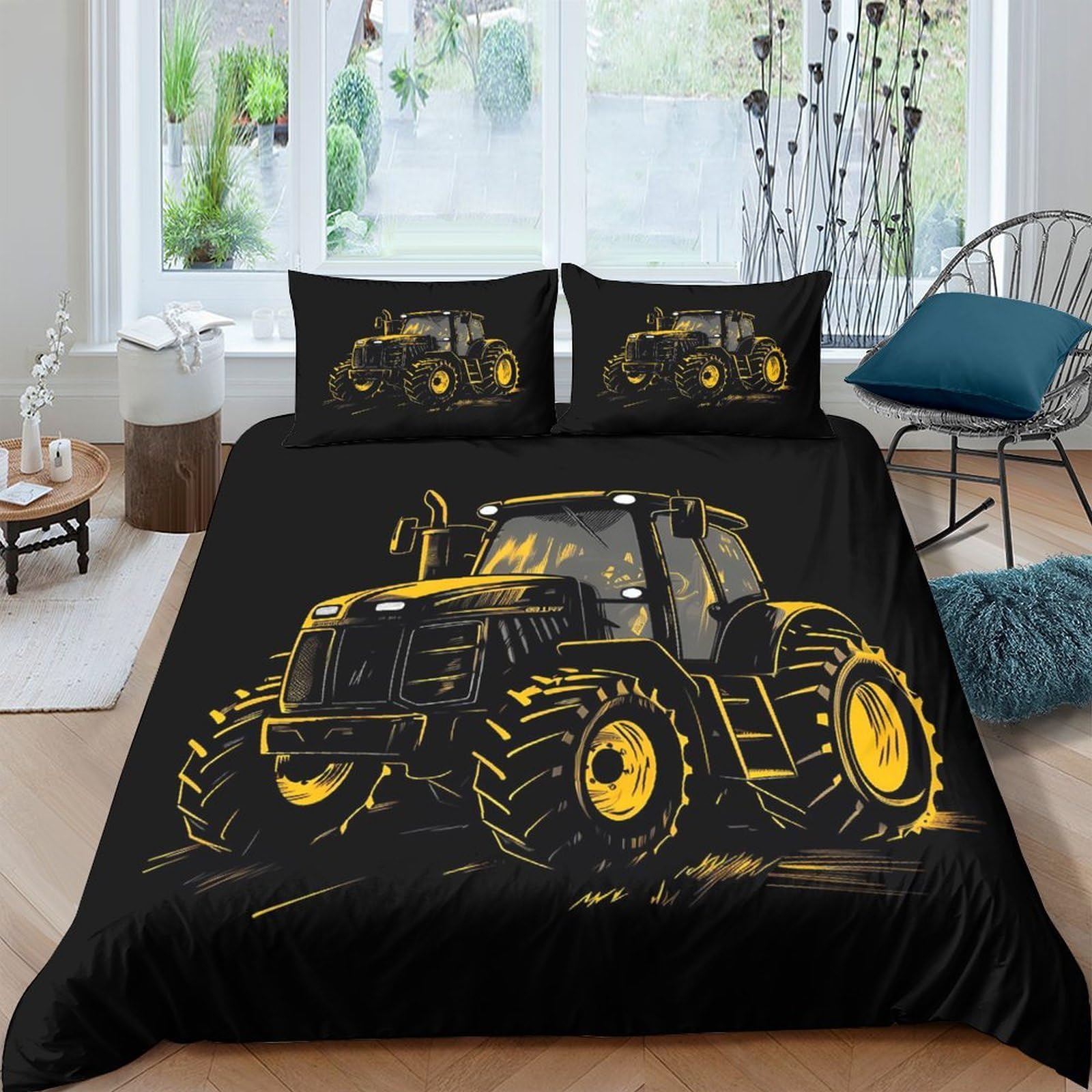 XFKLYNVCJ 3D Printed Tractor illustration Duvet Cover Microfiber Vintage farm design Comforter Cover Wrinkle Resistant Hypoallergenic Friends Home Bedroom Use Single（140x200cm）