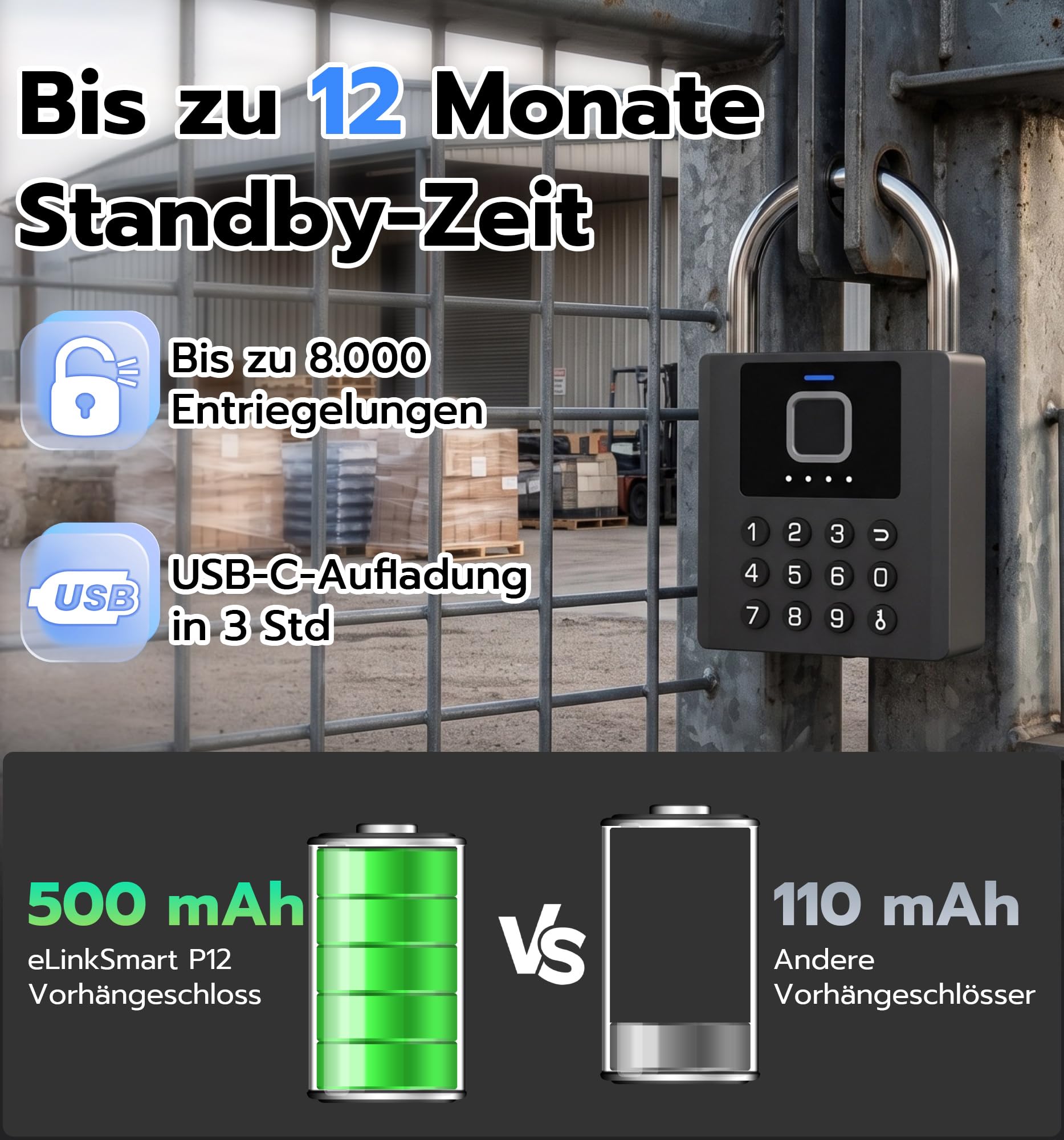 Smartes Fingerabdruck-Vorhängeschloss mit App & PIN-Code | 5-in-1 Öffnung mit Fingerabdruck, PIN, App, Apple Watch & Schlüssel. IP67 wetterfest, USB-C Akku für Garage, Garten & Spind.
