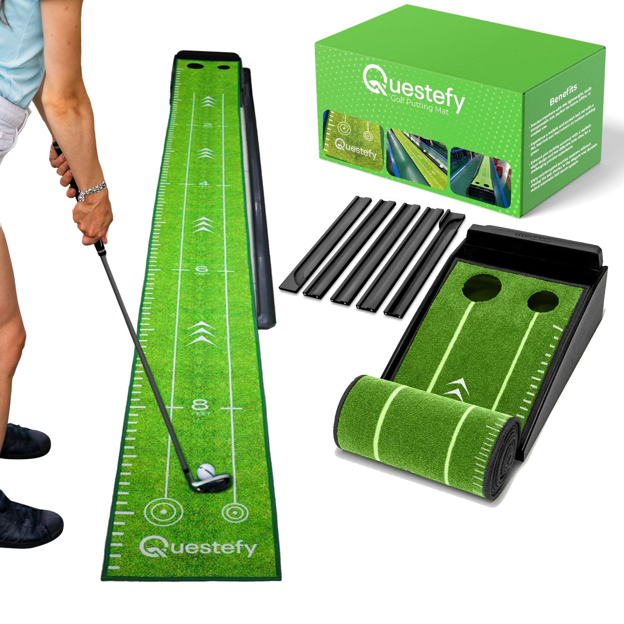 Putting Green Indoor | Tapete de golf sin arrugas con retorno automático de la bola, superficie antideslizante y marcas de alineación para una práctica precisa de putting en casa, oficina y al aire