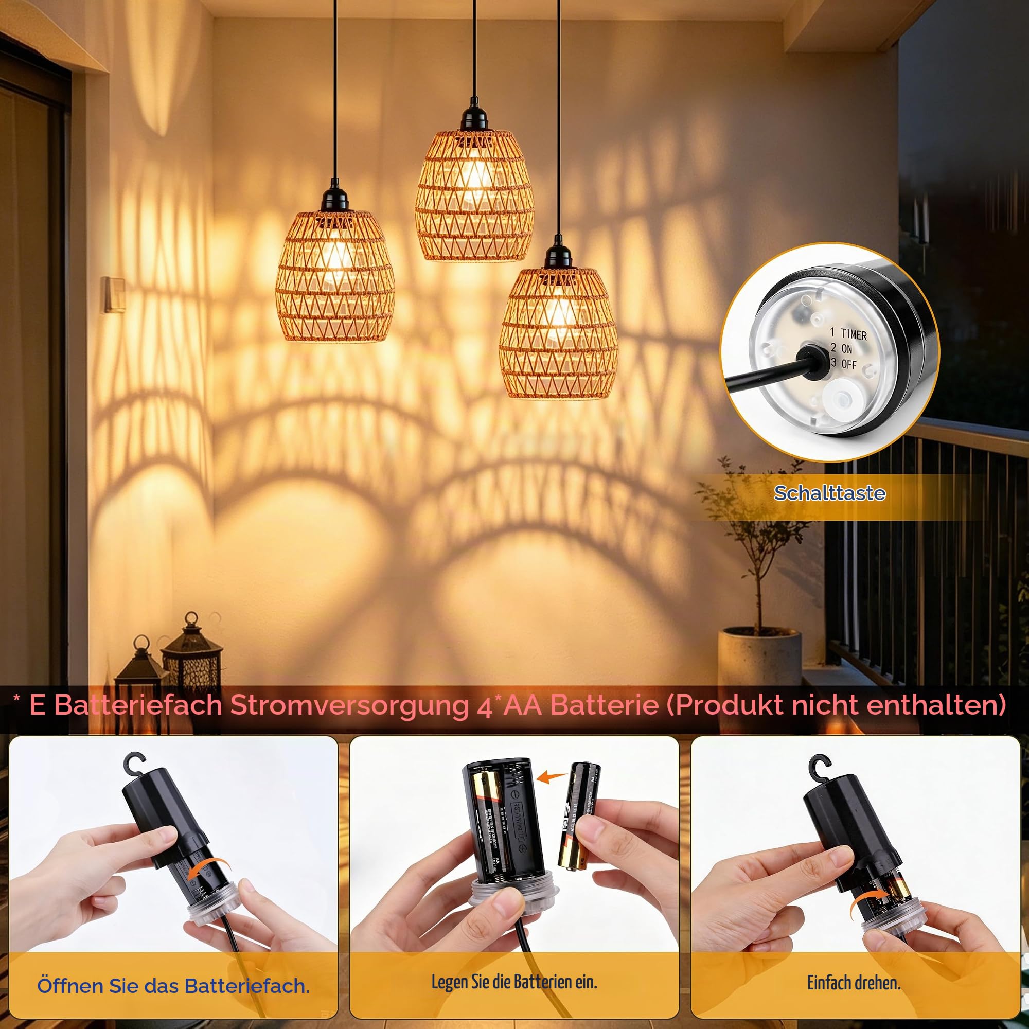 3 x Rattan Hängelampe mit Batterie, Dimmbar Hängeleuchte Batteriebetriebene Lampe mit Fernbedienung Ohne Stromanschluss, Außen Innen Tragbare Boho Korb Lampenschirm Pendelleuchte für Garten Balkon