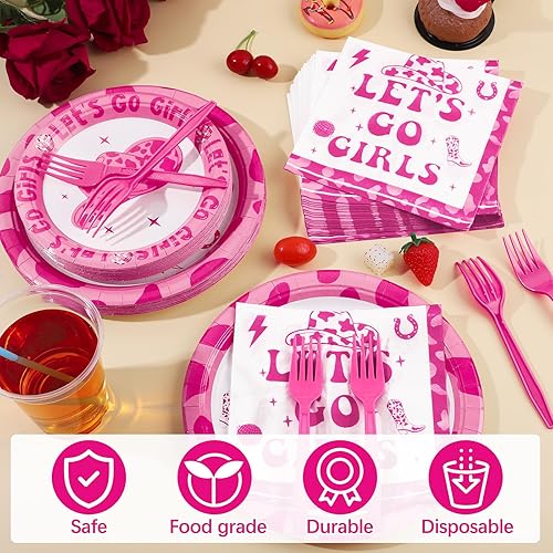 Miniatura 4 de durony 96 piezas de vajilla de fiesta de Let's Go Girls para 24 invitados, platos de papel de vaquera, platos de postre, servilletas de papel