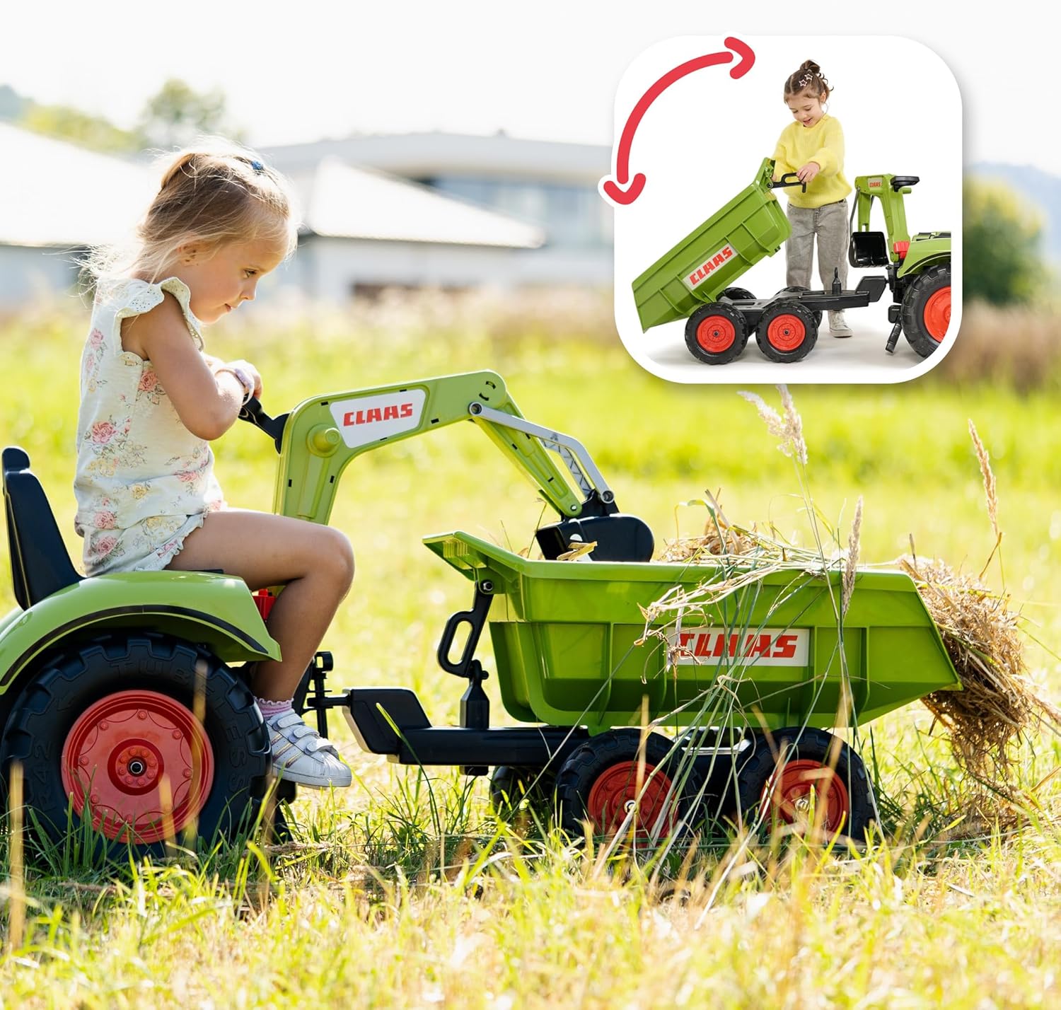 Child using rear excavator to dump into tilting trailer