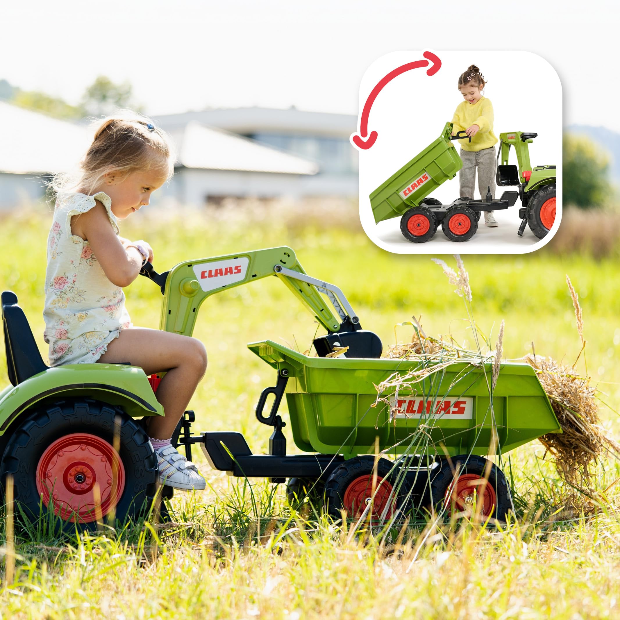 FALK - Koparka pedałowa Claas z koparką i przyczepą uchylną Maxi - Od 3 lat - Wyprodukowano we Francji - Koparka przednia i koparka przegubowa - siedzisko obrotowe - 2070W