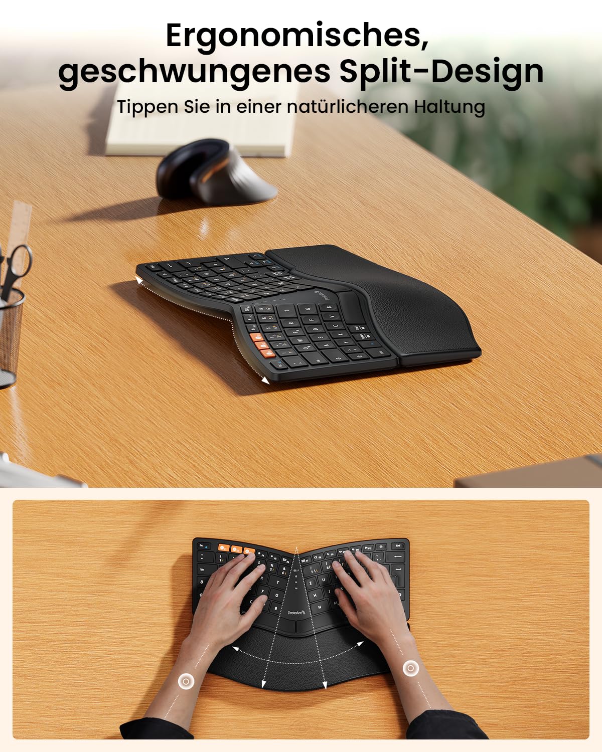 ProtoArc Ergonomiczna klawiatura Bluetooth, EK04 mini bezprzewodowa klawiatura Ergo, kompaktowa z podpórką pod nadgarstek, dzielona konstrukcja, naturalne uczucie pisania, Bluetooth i USB, możliwość