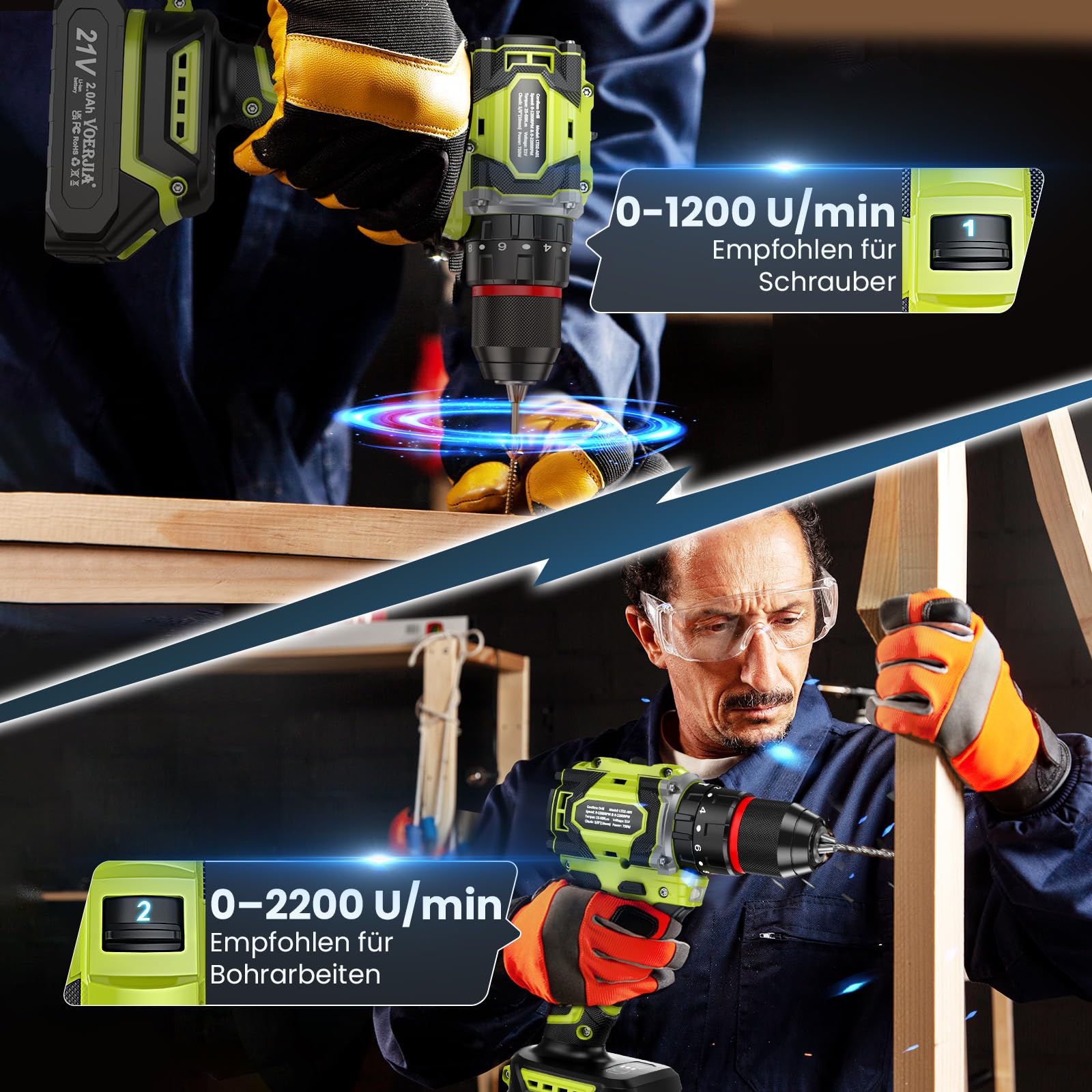 Martello perforatore a batteria da 21 V, set di avvitatore a batteria senza spazzole con 2 batterie da 2000 mAh, mandrino da 3/8", coppia 21 + 3, trapano a batteria max 60 N.m, luci a LED e 2 marce