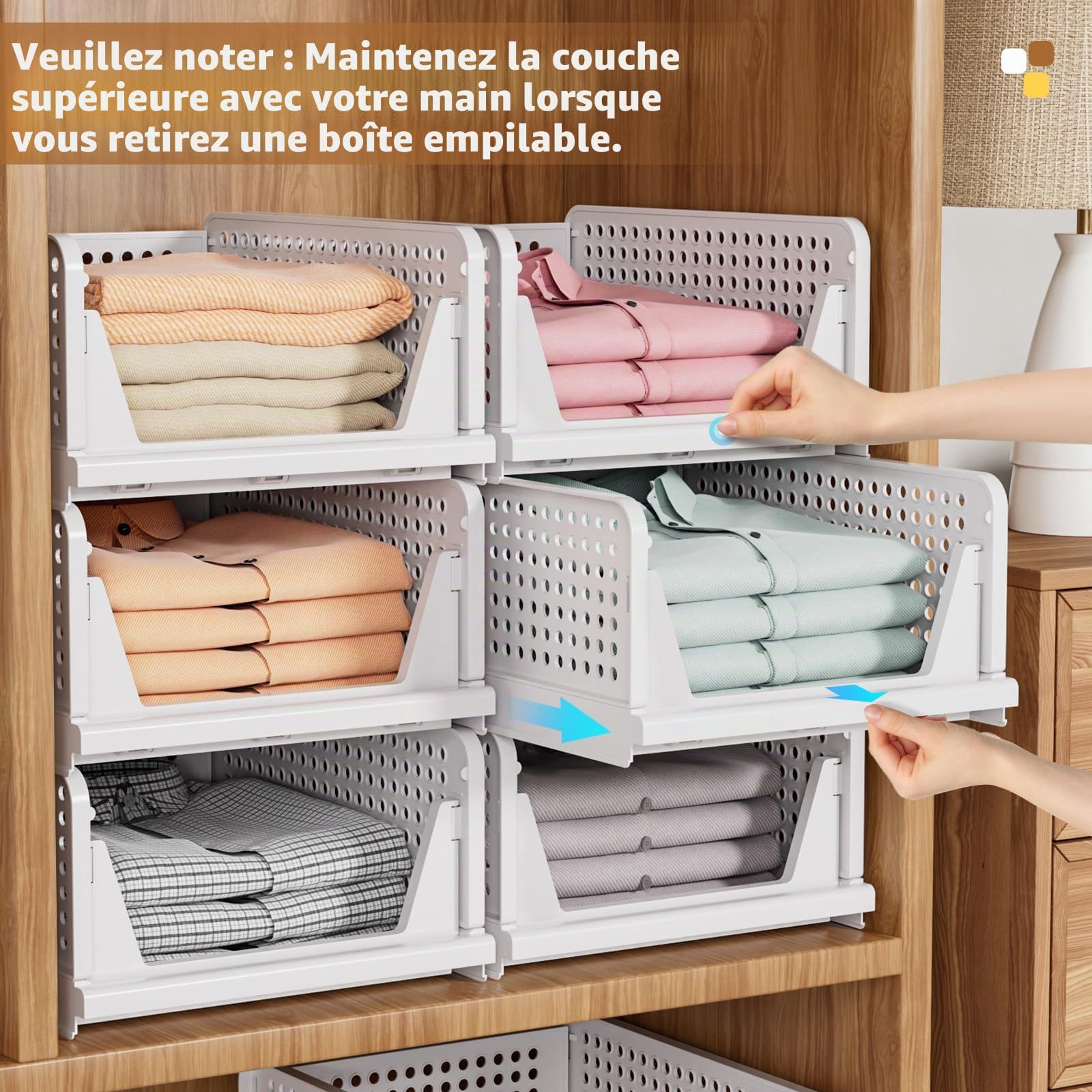 SNSLXH Lot de 8 boîtes de rangement empilables pour placard, multifonctionnelles et pliables pour salle de bain, cuisine, buanderie, armoire, rangement peu encombrant, blanc