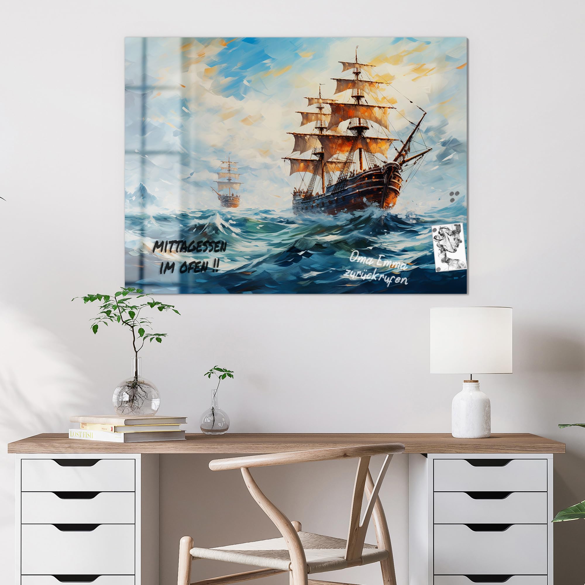 DEQORI Szklana tablica magnetyczna | wymiary 120 x 90 cm | motyw "Burzliwe jezioro" | tablica do notatek ze szkła | tablica magnetyczna z magnesami, długopisem i ściereczką do kuchni i biura | tablica