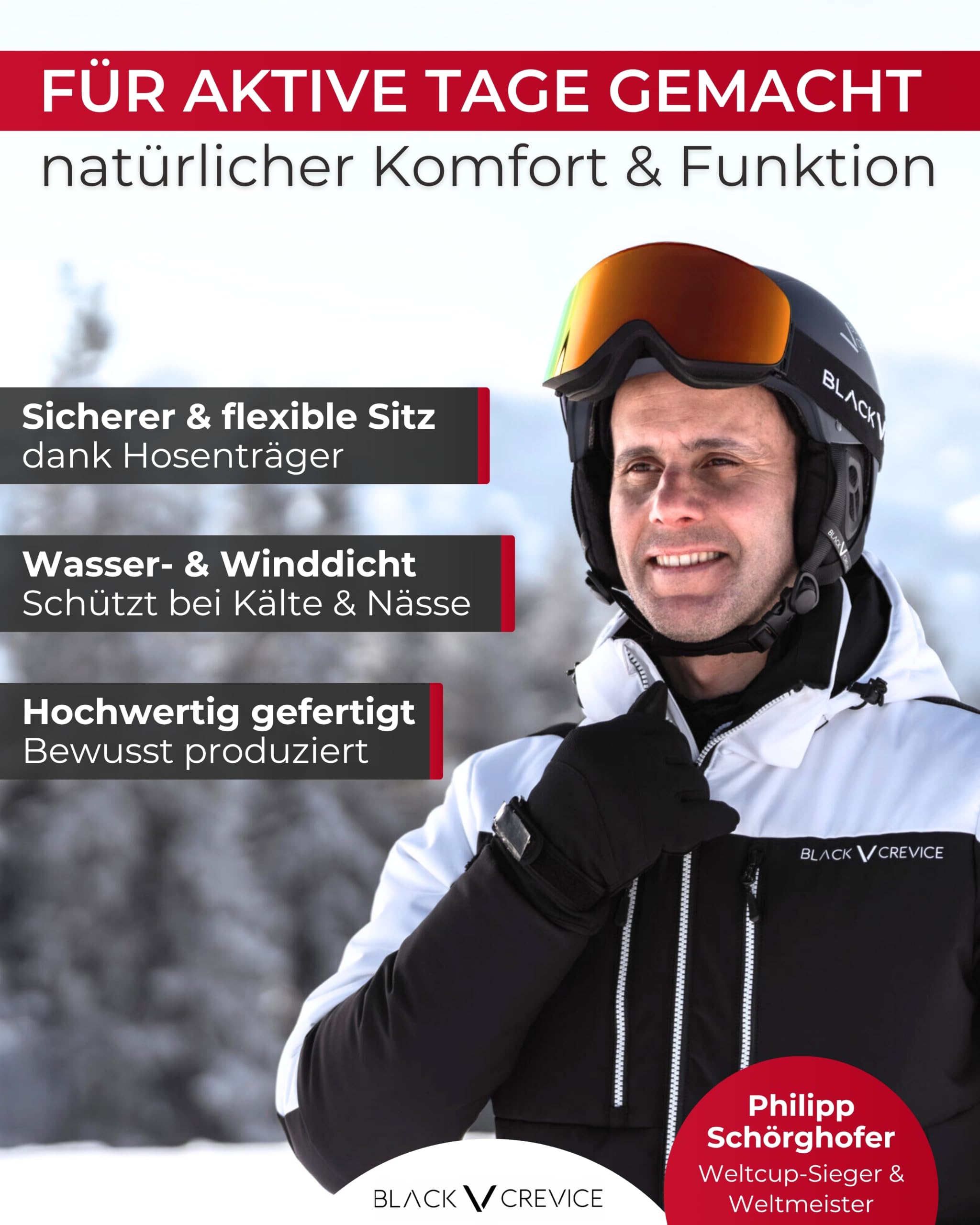 Black Crevice Herren Skihose I Männer-Skihose Größen I Skihose mit Hosenträgern I atmungsaktive Herren-Snowboardhose I Wind- & wasserdichte Herren-Schneehose
