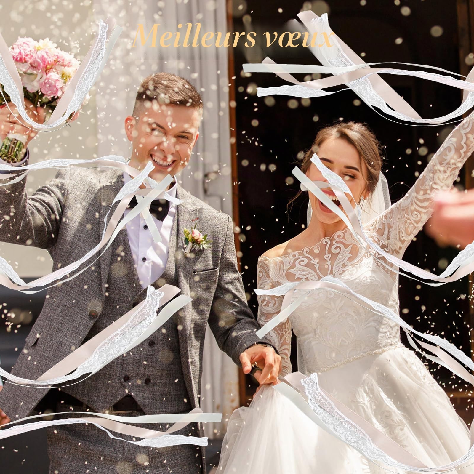 Lot de 50 baguettes de mariage en champagne avec cloche, baguettes de mariage en dentelle romantique avec rubans de mariage, baguettes magiques pour mariage et serpentins, cadeaux pour