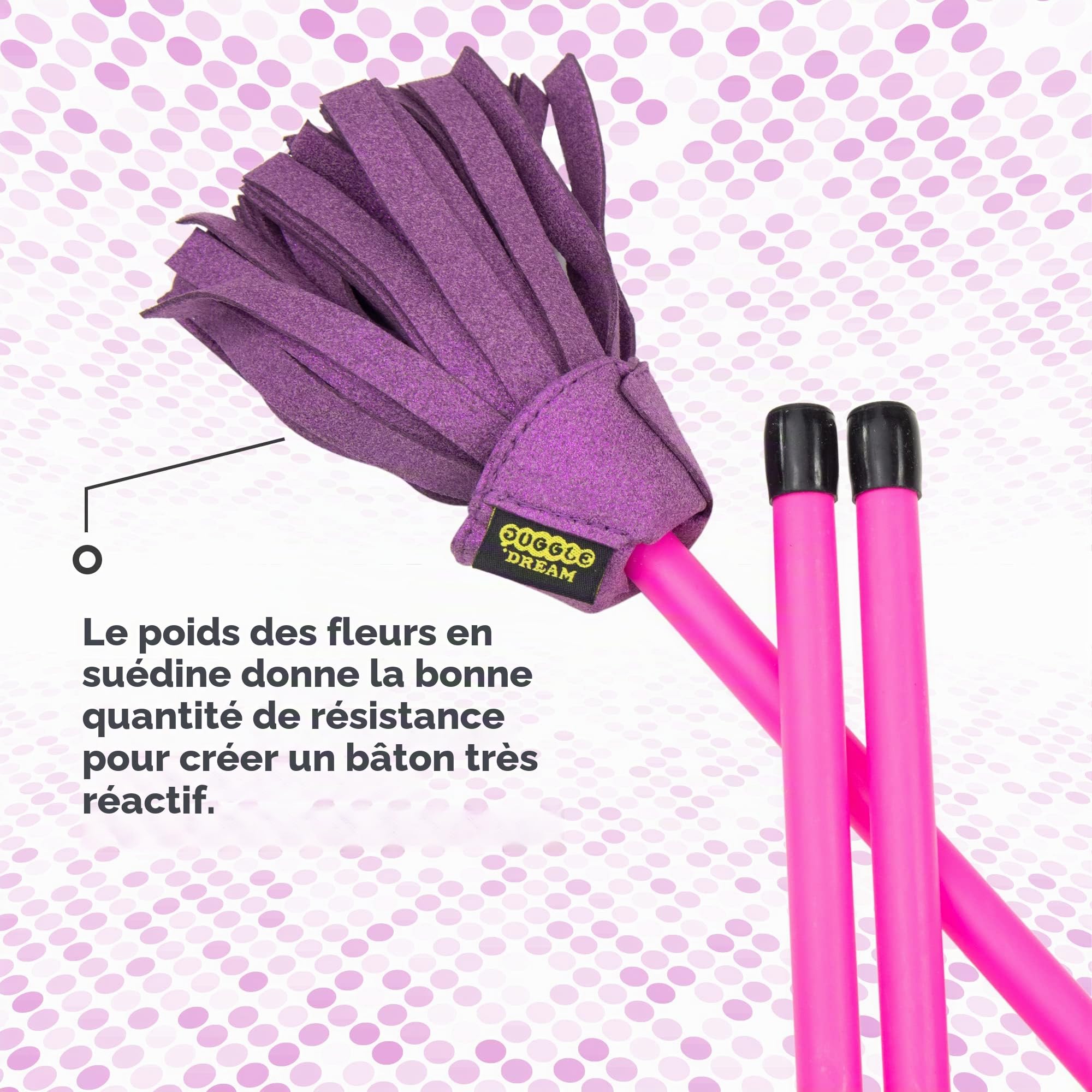 Juggle Dream Neo Flowerstick Kit Comprenant Baguettes en Fibre de Verre, Grip en Silicone, Franges en Daim, Jonglier Flower Stick (Rose/Violet)