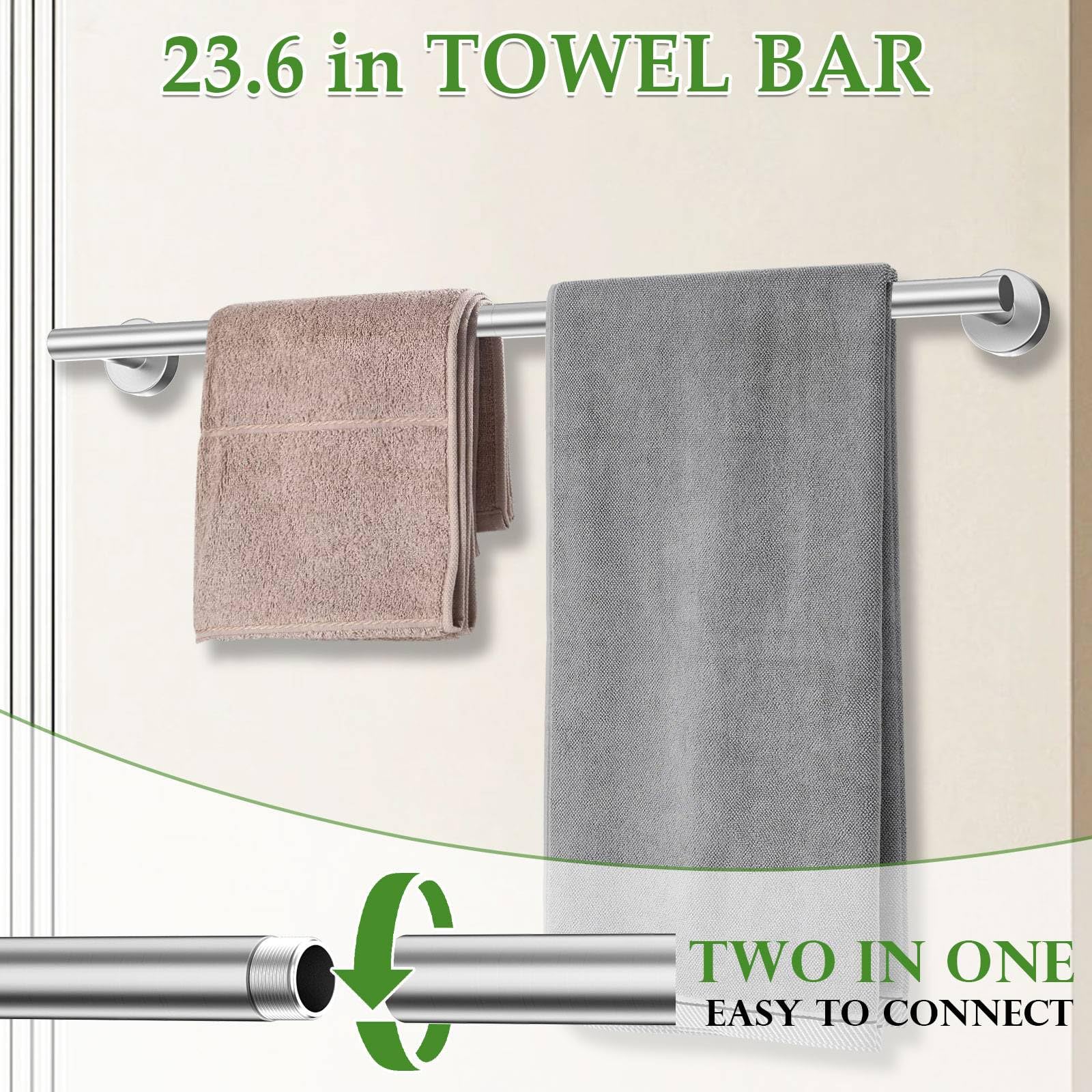 Set di 10 portasciugamani in nichel spazzolato, accessori per il bagno, include barra portasciugamani da 60 cm, anello per asciugamani rotondo e ganci in acciaio inox, set di portasciugamani da parete