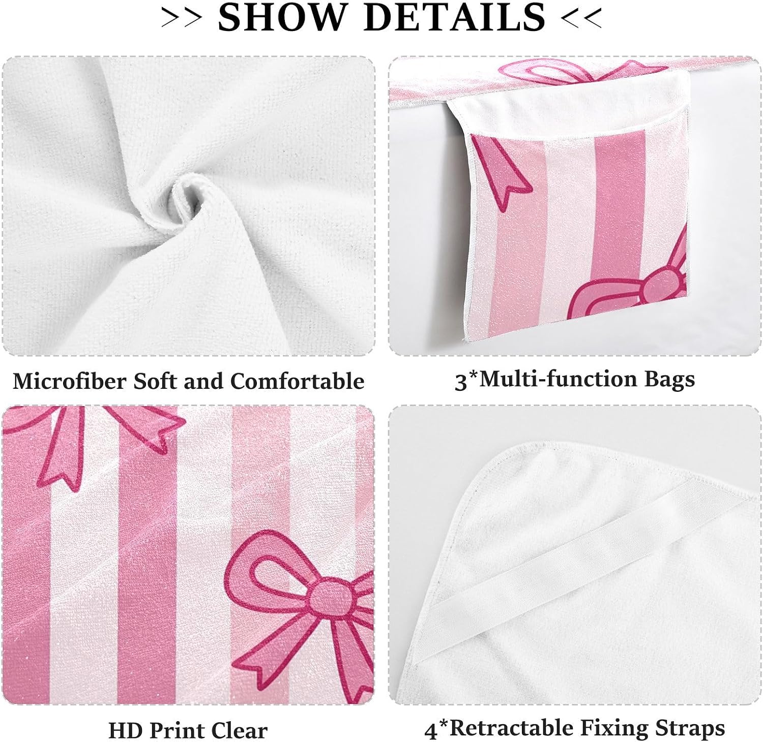 Bow-tie Stripes Lounge Chair Towel Cover with Side Pockets – 85x30in Foldable Chaise Cover for Beach, Pool, Patio, Spa