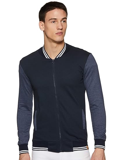 Men's Navy Blue Colour-Blocked Varsity Zipper Sweatshirt Regular Relaxed Fit for Casual Wear | Stylish Hoodie Crafted with Comfort Fit and High Performance for Everyday Wear