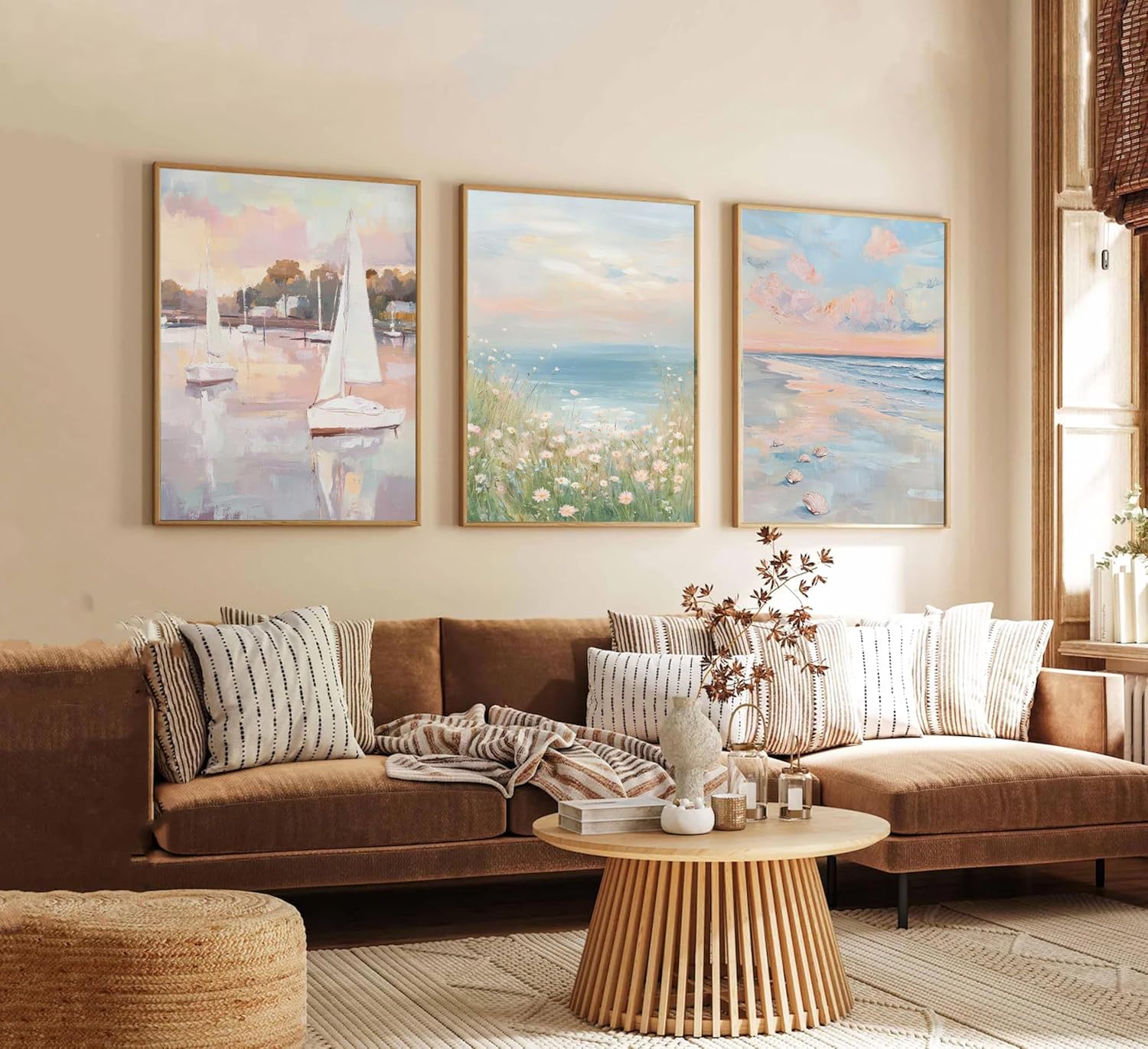 Luyeeteme Pink Coastal Beach Wall Art Set of 3, Unframed Preppy Coastal Posters for Room Aesthetic, Pastel Wildflower Ocean Landscape Prints, Summer Beach Pictures for Bedroom Decor.16x24 inch