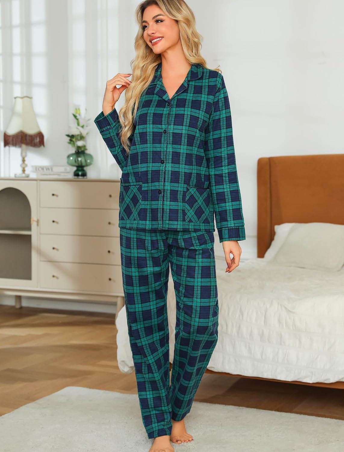 ENJOYNIGHT Womens Cotton Flannel Pajamas Set Long Sleeve Button Down Sleepwear Set - Image 3