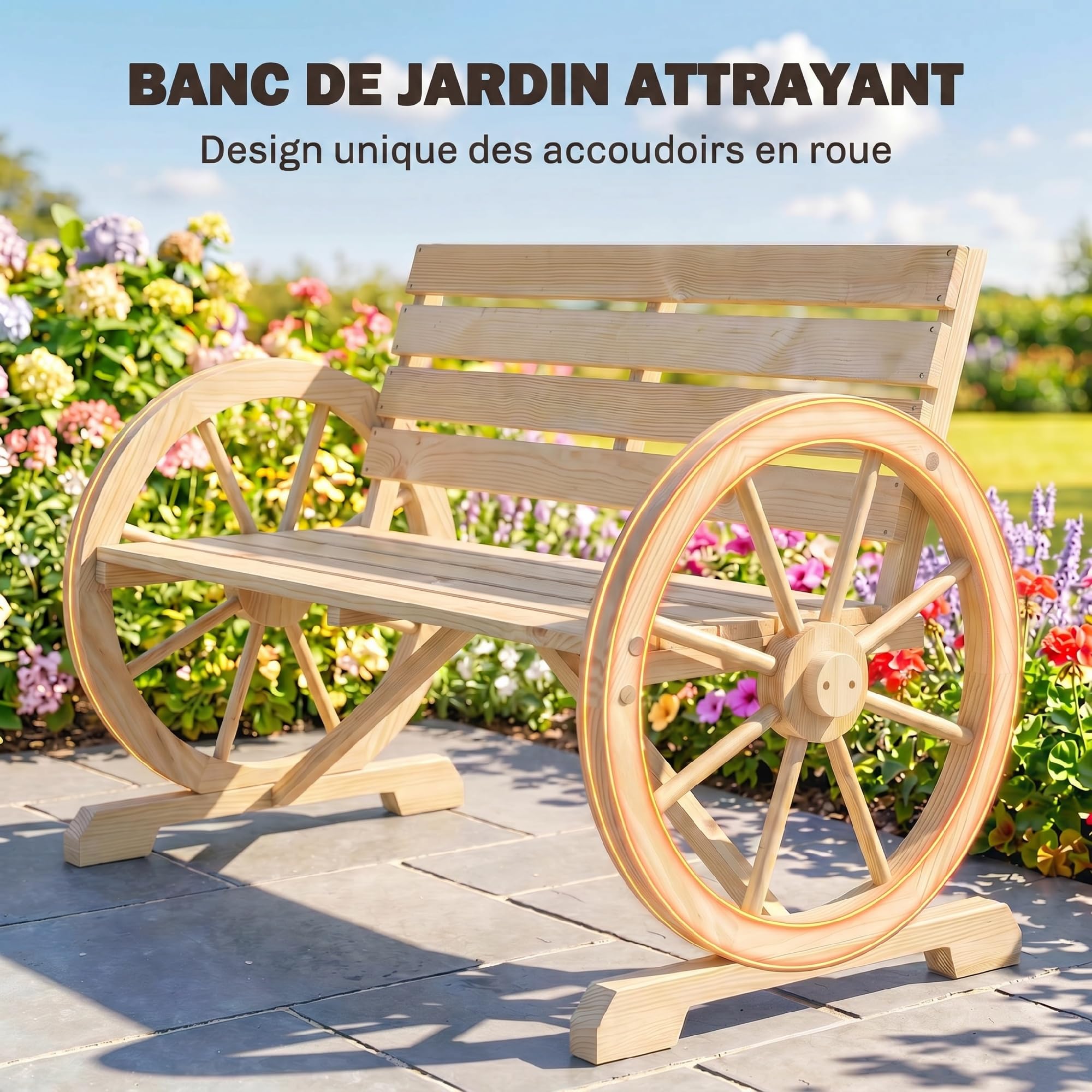 Outsunny Banc de Jardin Banc 3 Places Banc en Bois Style Rustique Chic accoudoirs Roues Charette Bois Sapin Effet Bois Naturel