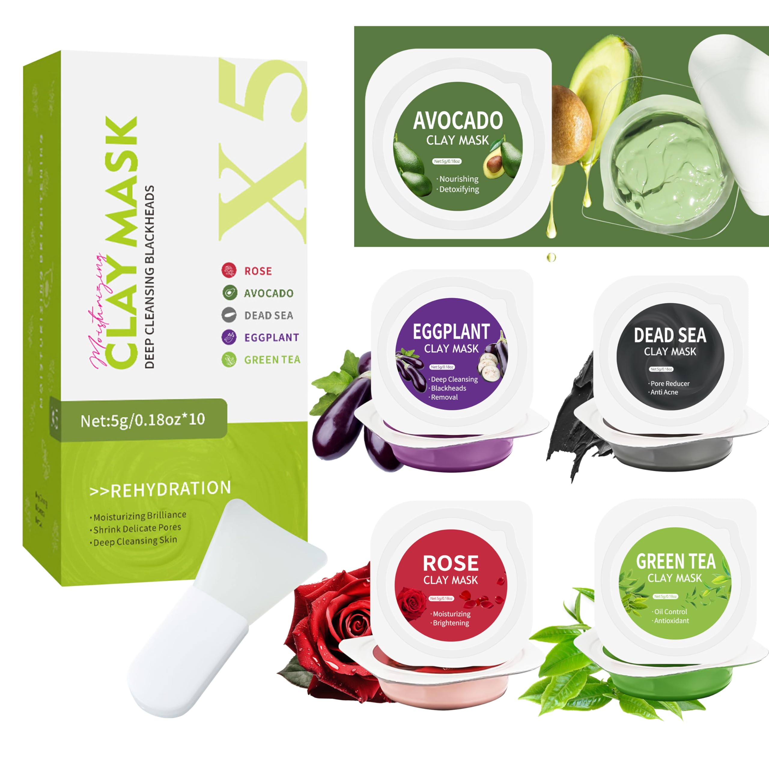 Sponsored Ad - 10 Pods Clay Facial Mask Set - Rose, Green Tea, Eggplant, Avocado, Dead Sea Mud, Mud Mask Deep Pore Cleansing Acne Blackhead Removal Men & Women Face Mask Skin Care,Two To Three Times A Week.