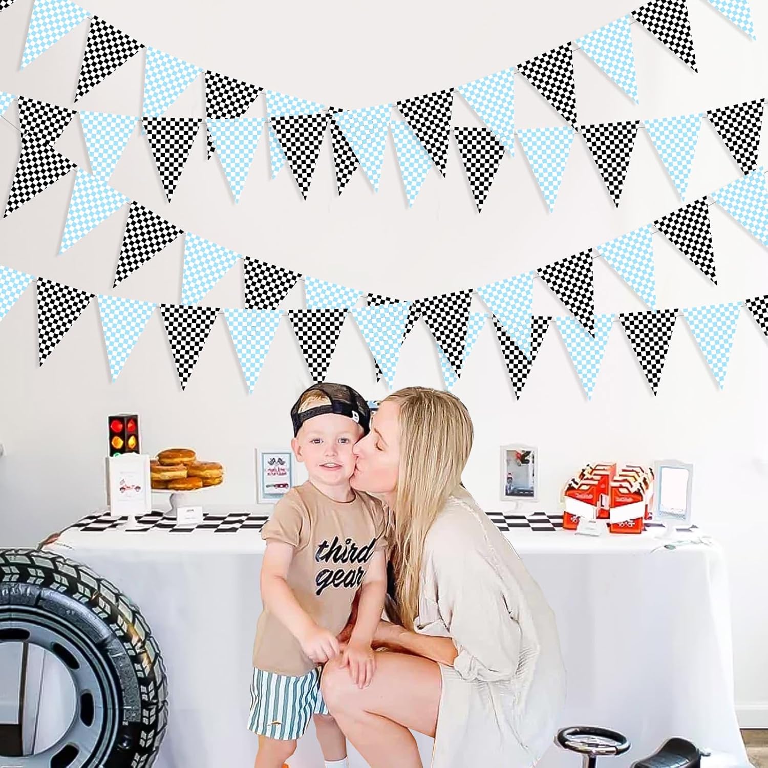 Blue Race Car Party Decorations - 3PCS Checkered Pennant, Checkered Triangle Banners, Racing Flags Banner, Checkered Flags for Checkered Racing Car Two Fast Birthday Party