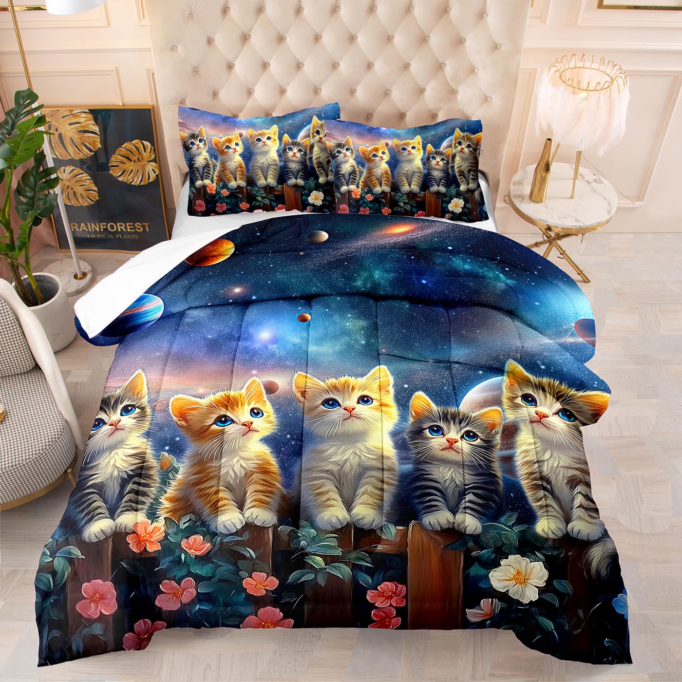 Edredon Cama 135 Gato del Cielo Nocturno Estampado 3D, Edredón Nórdico 4 Estaciones 200Gsm, Colcha Transpirable De Microfibra Lavable, con 2 Fundas De Almohada 50X75
