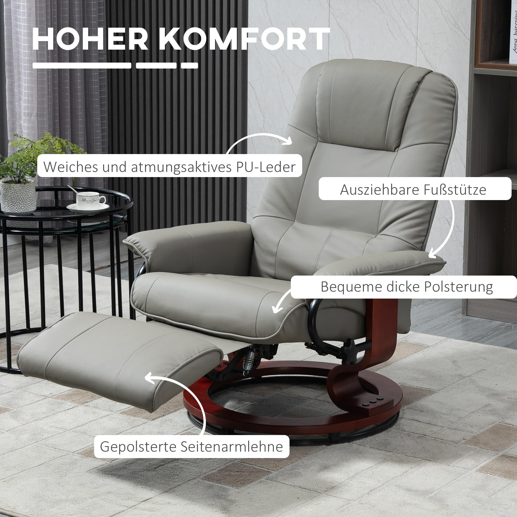 HOMCOM Relaxsessel mit Liegefunktion 360° Drehbar Fernsehsessel Verstellbare Rückenlehne Fußstütze Kunstleder Grau