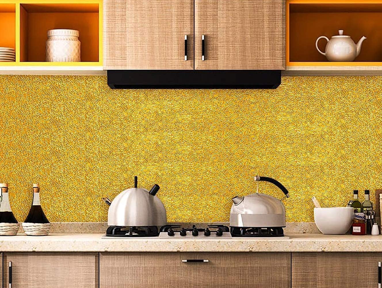 Gold Texture Contact Paper Peel and Stick Wallpaper Kitchen Self Adhesive Wallpaper Aluminum Foil Oil Proof Waterproof Removable Wall Paper for Countertop Cabinet Drawer 16"x393.7"