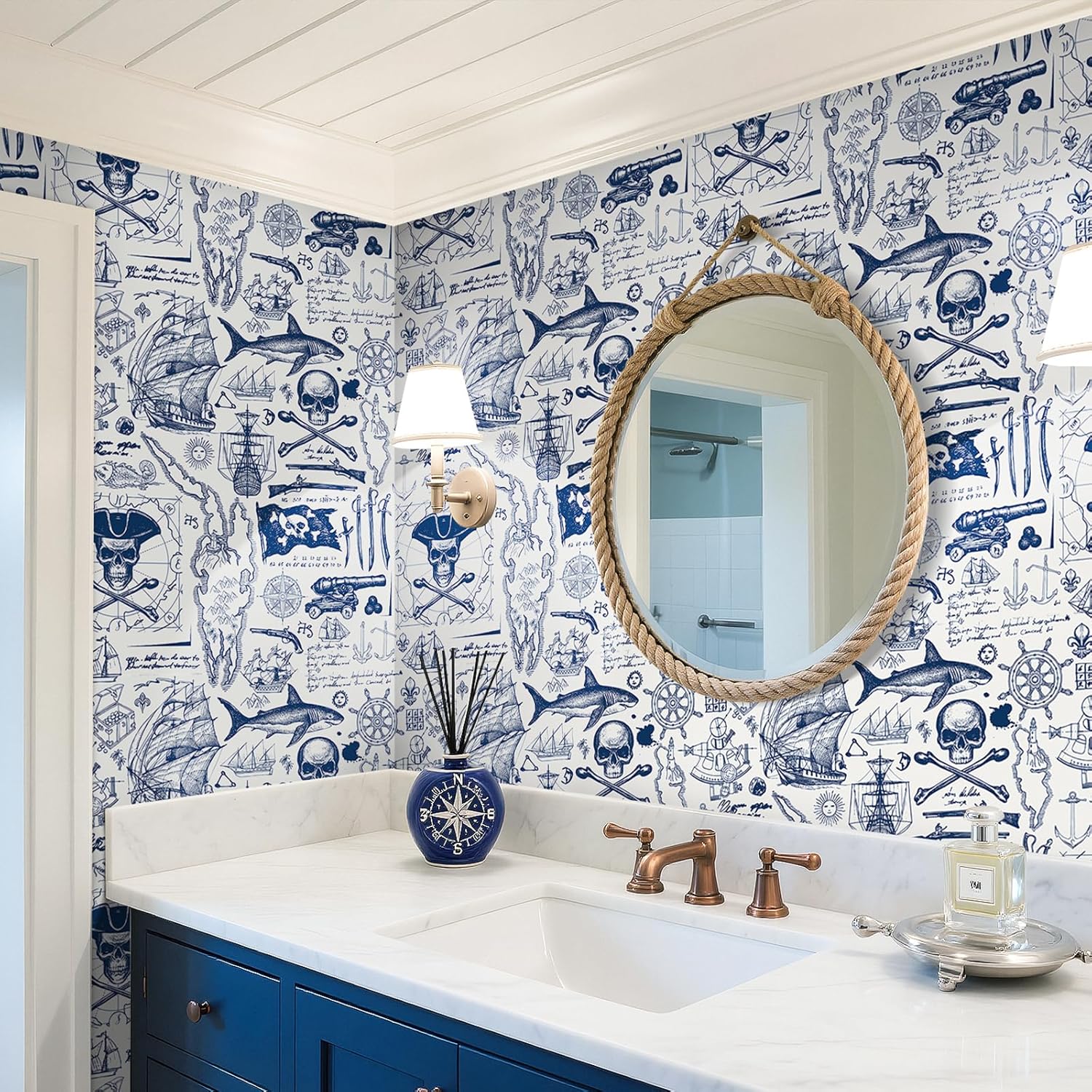 ReWallpaper 17.5in X 23ft Coastal Nautical Peel and Stick Wallpaper Vintage Pirate Ship Wallpaper Waterproof Blue and White Contact Paper for Kitchen Shelves Cabinets Laundry Removable Wall Covering