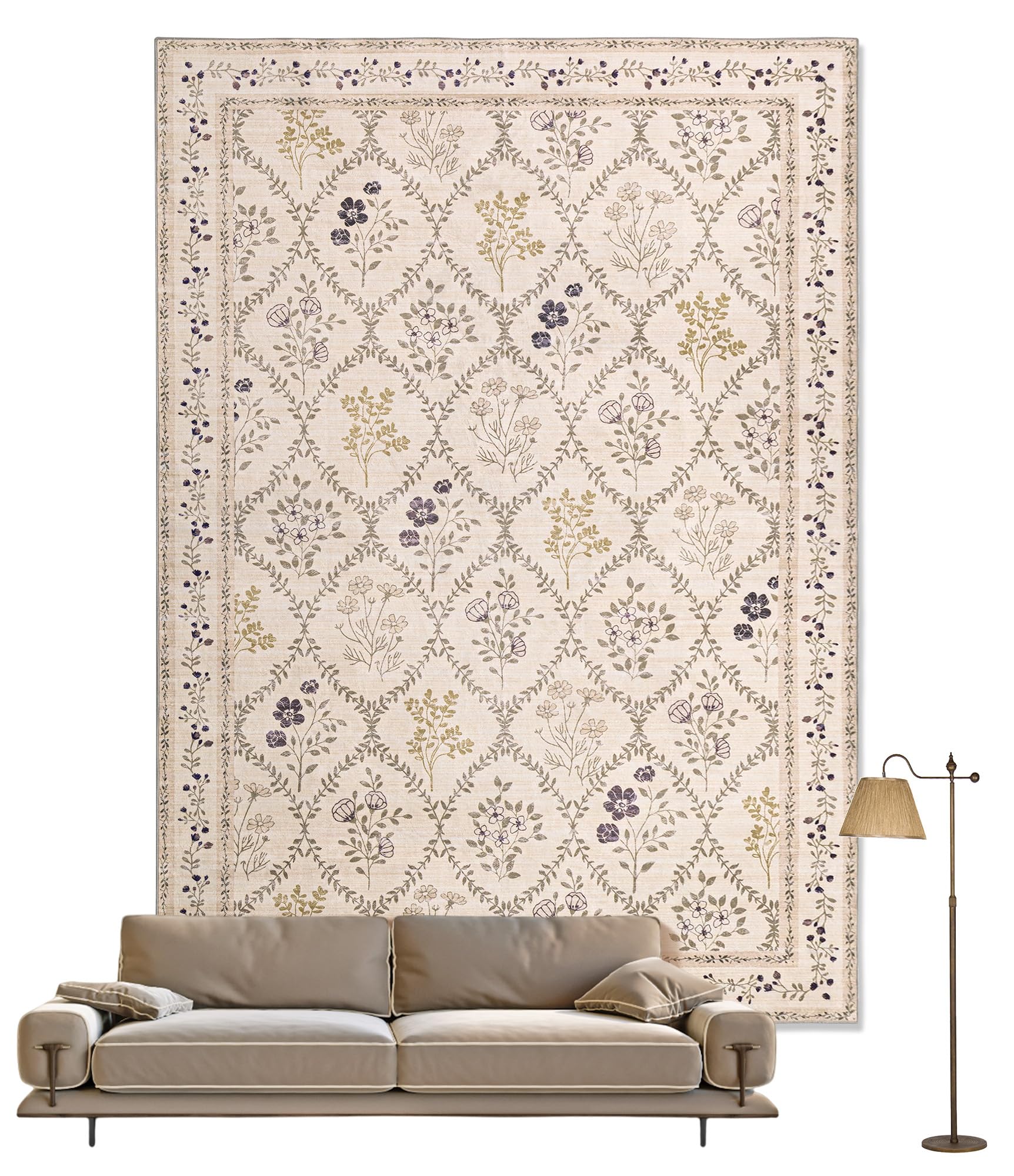 YIHOUSE 5x7 Washable Rug for Bedroom, Beige Floral Rugs for Living Room Non Slip Ultra-Thin Large Boho Rug for Kids Playroom, Classroom, Girls Dorm,