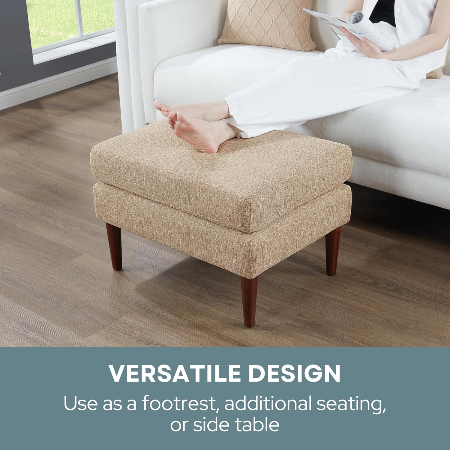 Convenience Concepts Designs4Comfort Marlow Mid-Century Modern Upholstered Footrest, Large Foot Stool for Family, Living Room Padded Ottoman Seat, 20.3"D x 27"W x 18.3"H, Gray Fabric