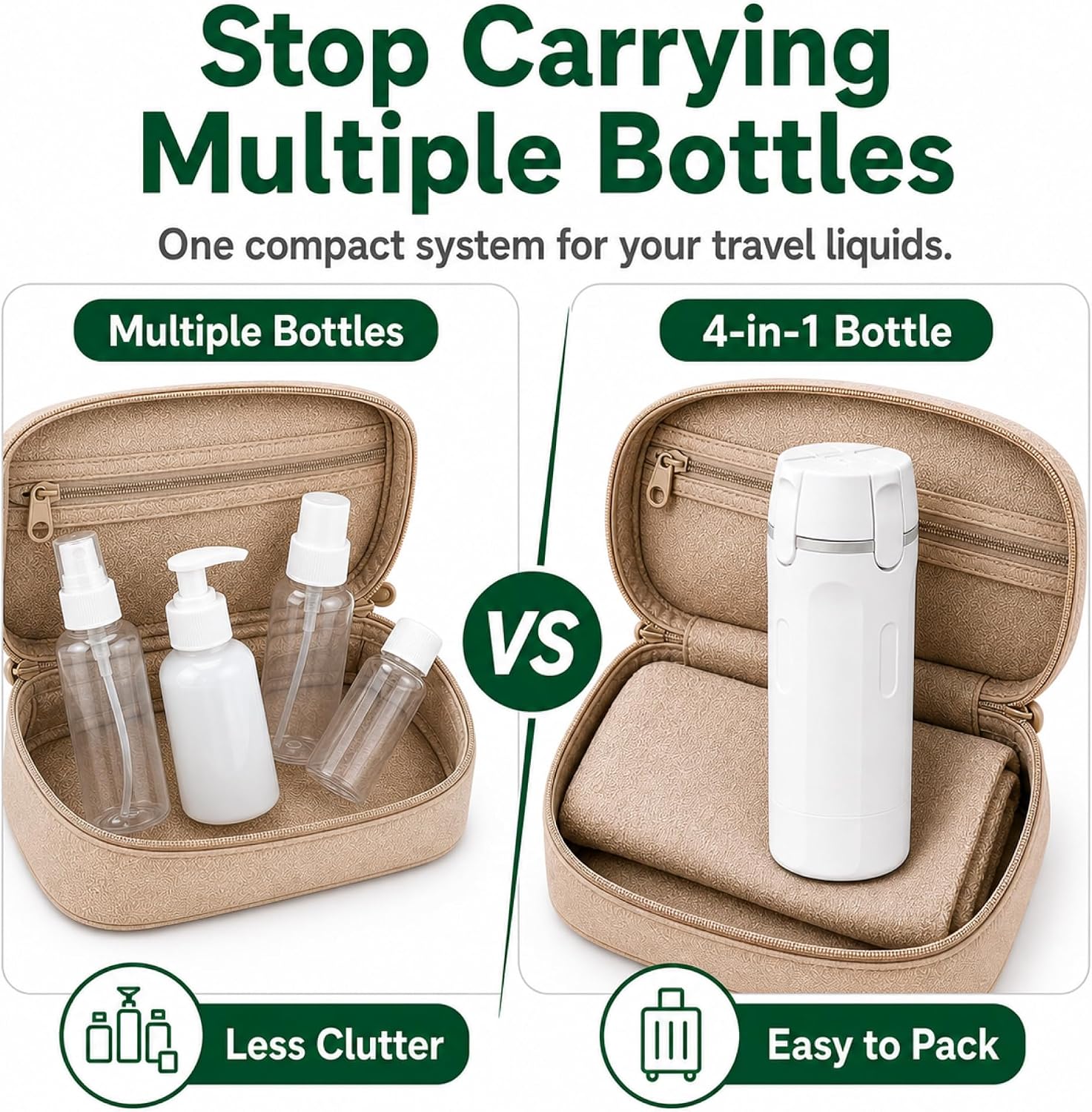 4-in-1 Travel Toiletry Bottles, Leak-Proof Pump Dispenser, 4 x 30mL, White