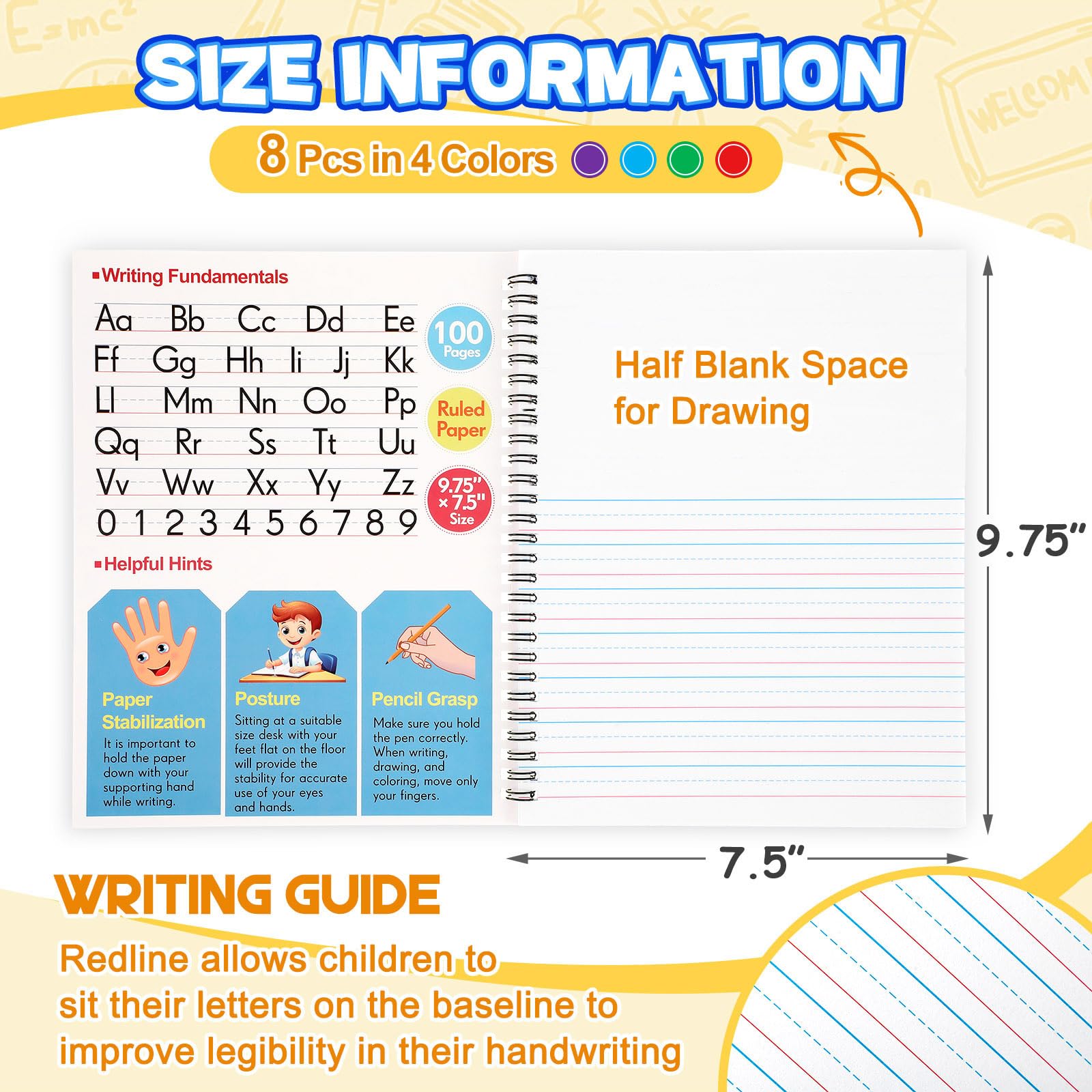 Henoyso 8 Pcs 100 Pages Spiral Primary Composition Notebook K-2 Bulk Primary Journal Drawing Handwriting Practice for Kids 4-6 Kindergarten Preschool Home School 1st 2nd Grade Student (Fresh Color)