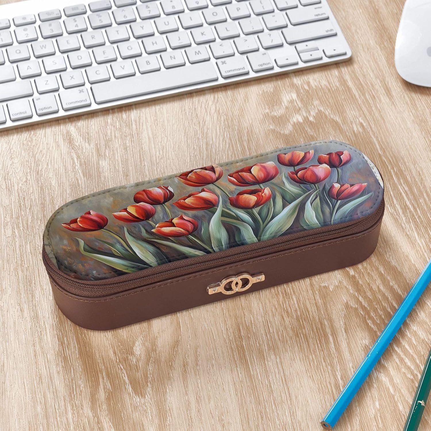 Blooming tulips Leather Multi Slot Pen Storage Case image 3