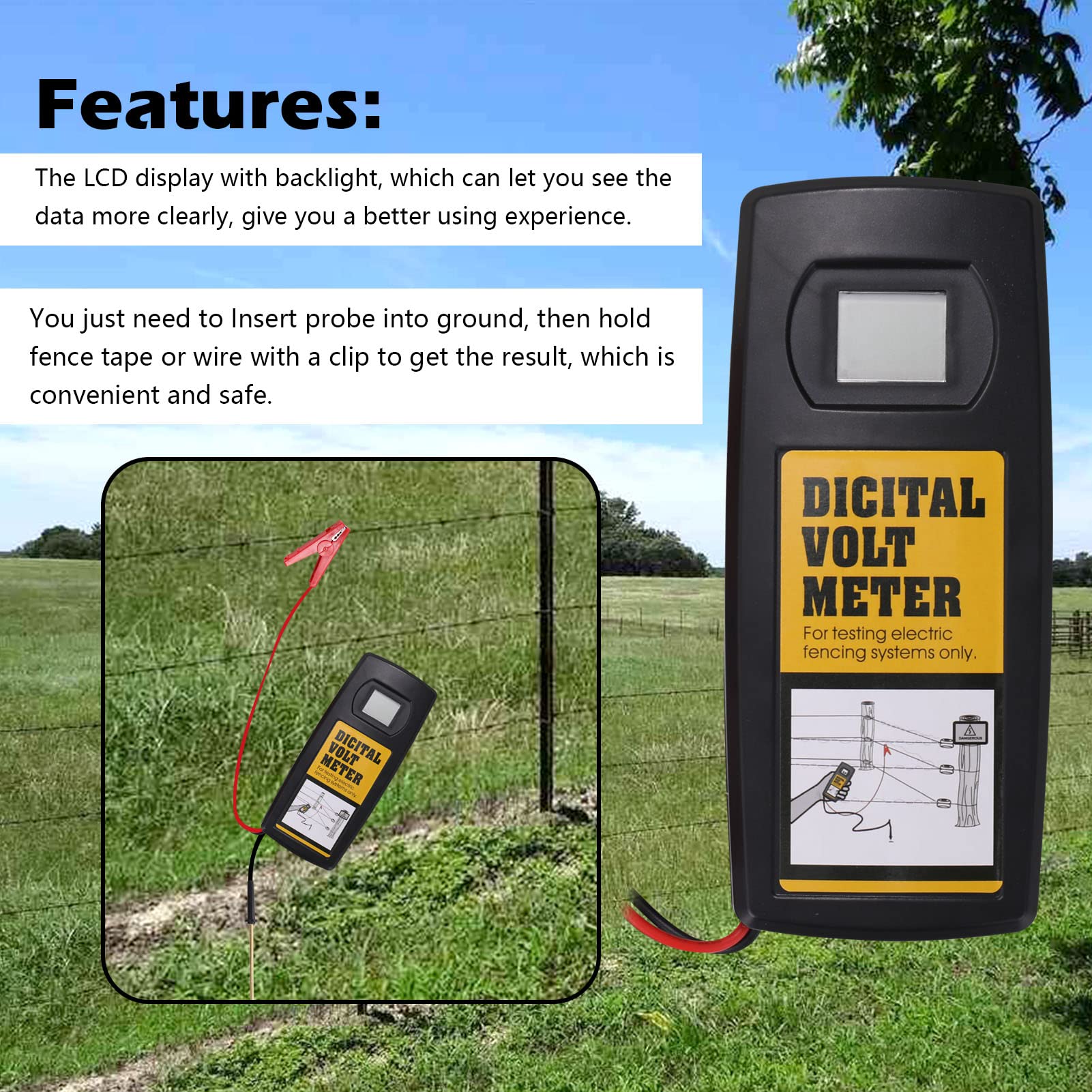 Probador de Cerca Eléctrica Voltímetro de Cerca Digital Probador Voltaje 200 V a 9,9 KV Pantalla LCD Retroiluminada Pantalla Iluminada Tamaño Portátil para el Hogar