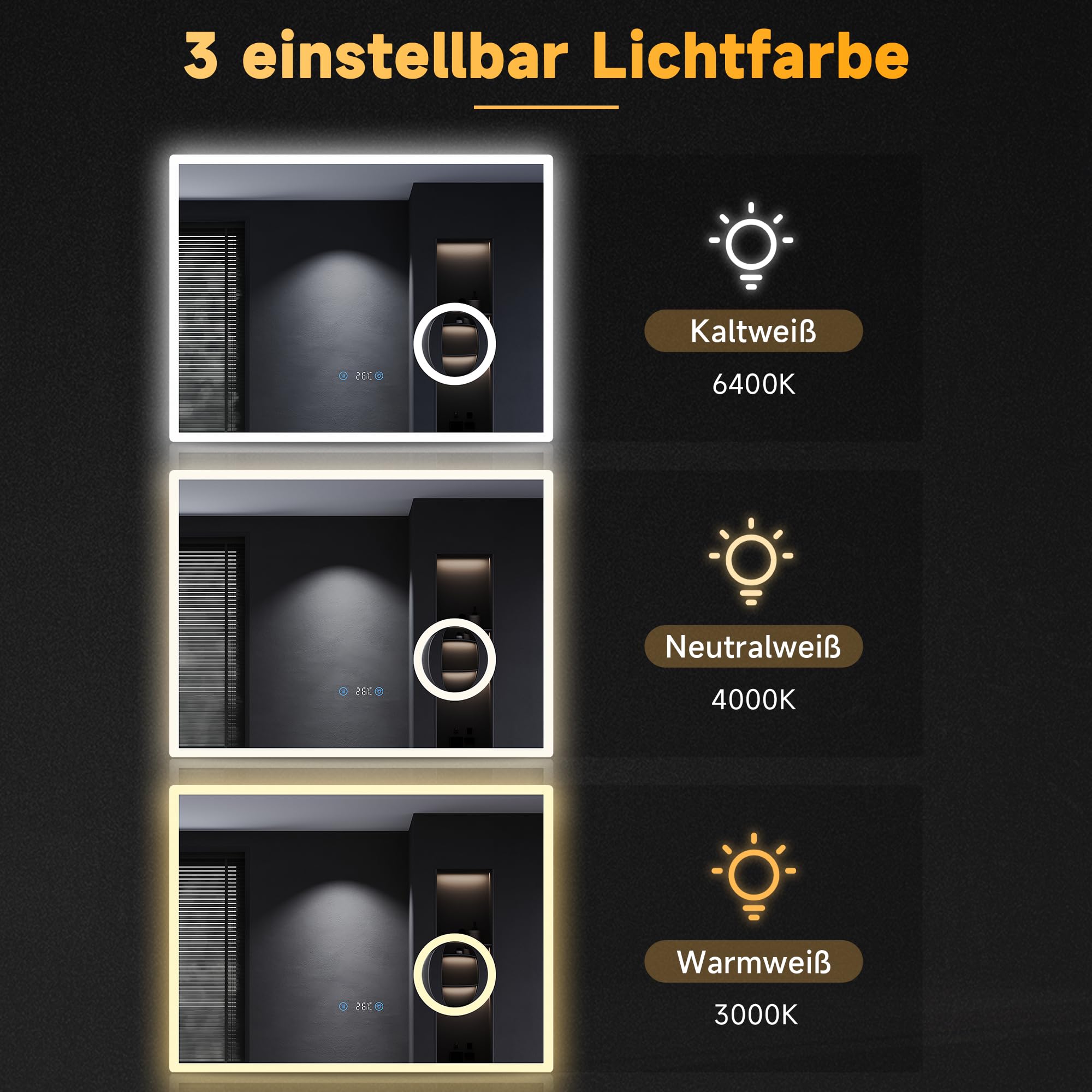 SONNI Badkamerspiegel led met verlichting, 50 x 70 cm, condensvrij, met aanraakschakelaar, koud wit, badkamerspiegel met verlichting, wandspiegel, IP44, wandschakelaar