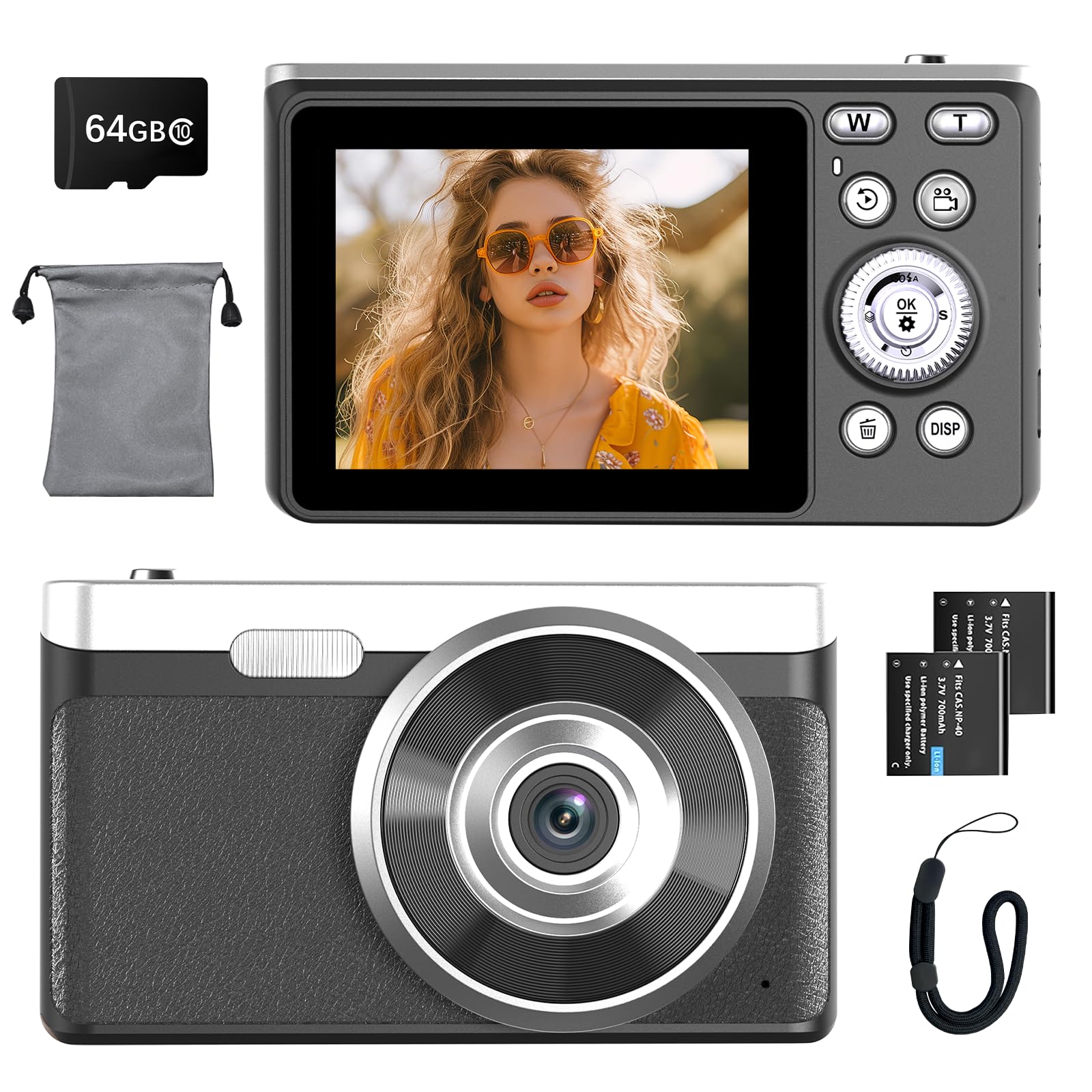 Cámara Digital 4K 48MP Fotokamera Autofocus Fotoapparat Fotokamera mit 2,8" Bildschirm, 16X Digitalzoom, 64GB SD Karte tragbare Kompaktkamera für Kinder Teenager Anfänger