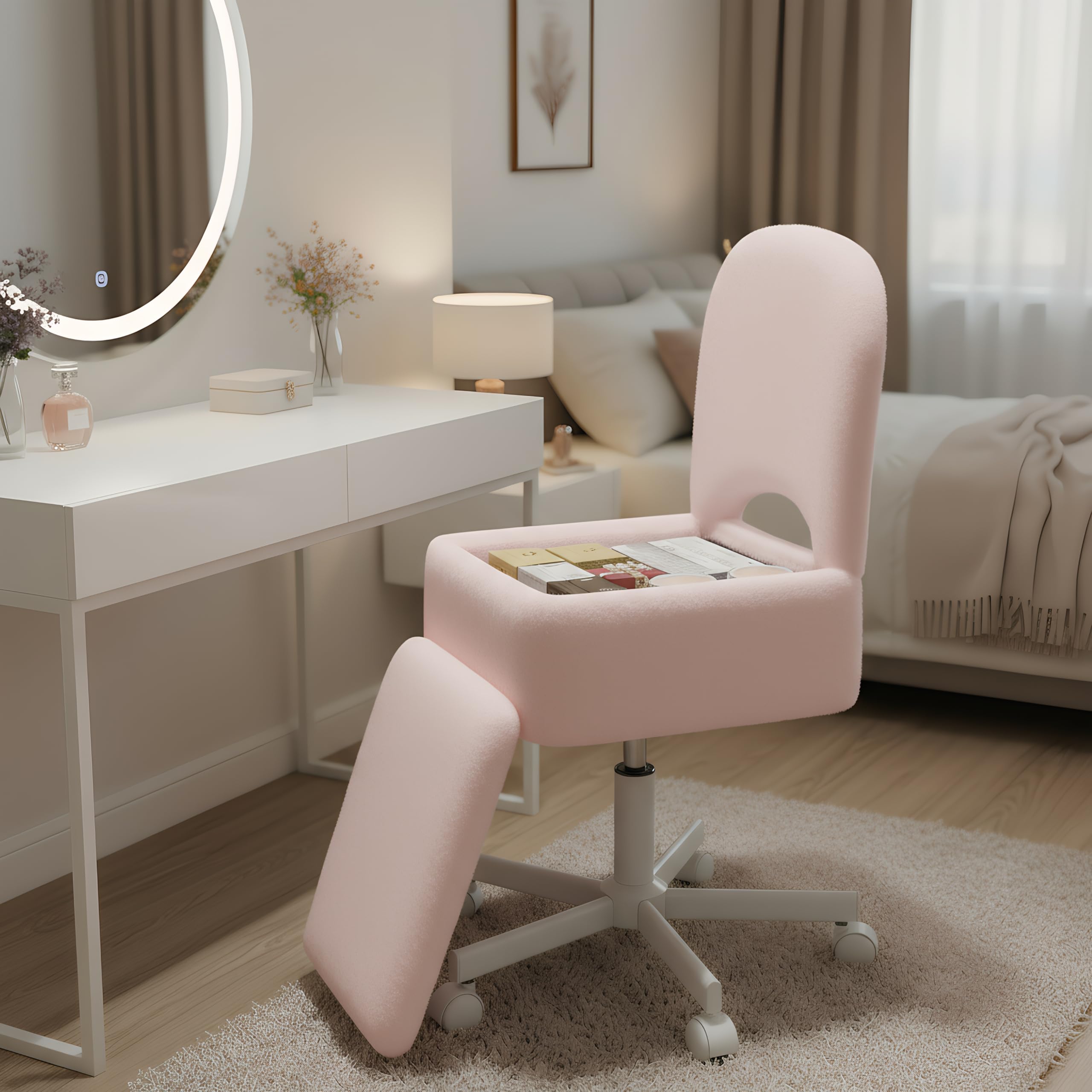 Rolanstar Chaise et Coiffeuse à Hauteur Réglable avec Rangement, Confort Tabouret de Salon pour Vanité, Velours, Bureau à Domicile(Rose,Grande)