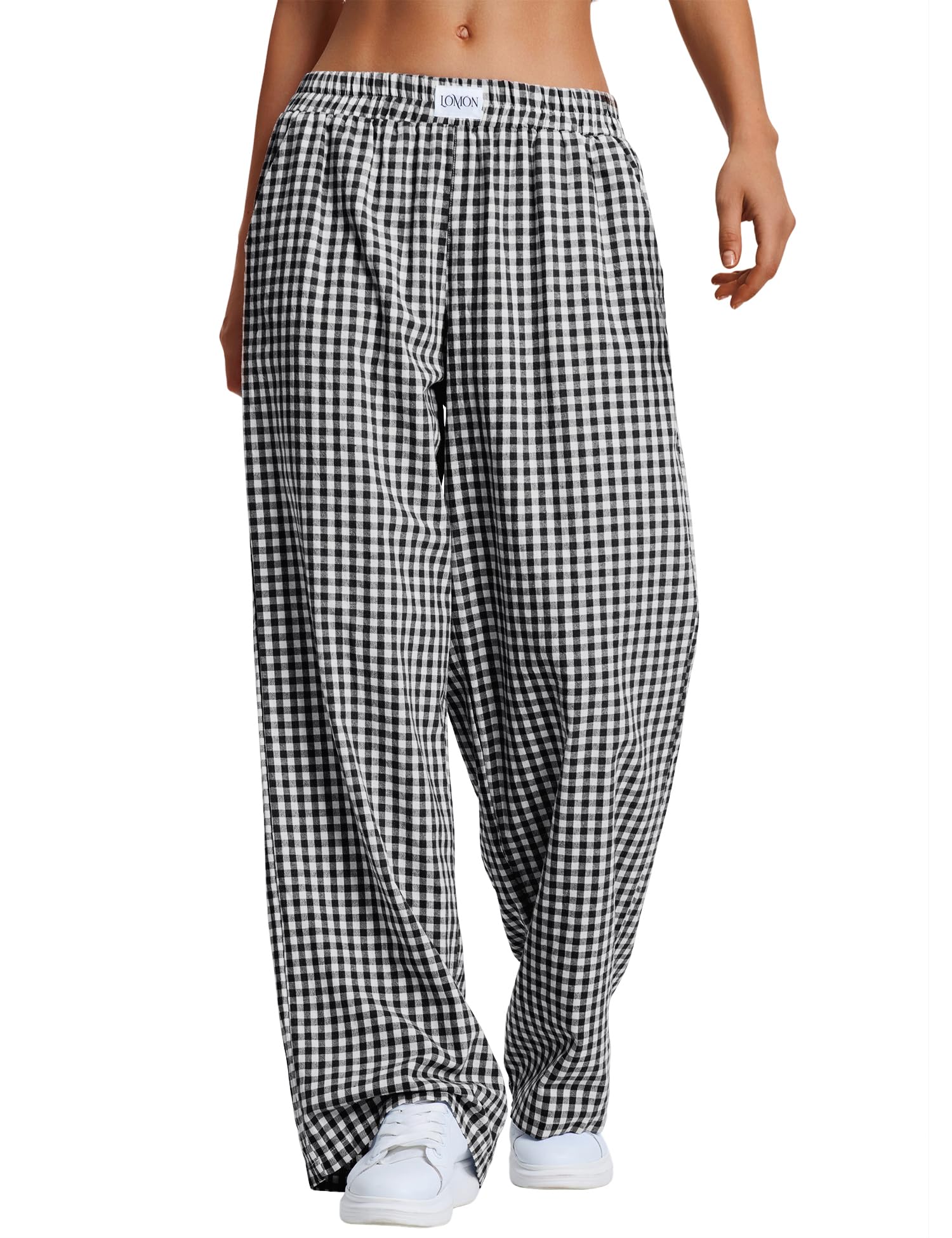LOMON Women's Striped Gingham Boxer Pants Cotton Pajama Lounge Pj Casual Plaid Trousers Y2K Beach Bottoms with Pockets