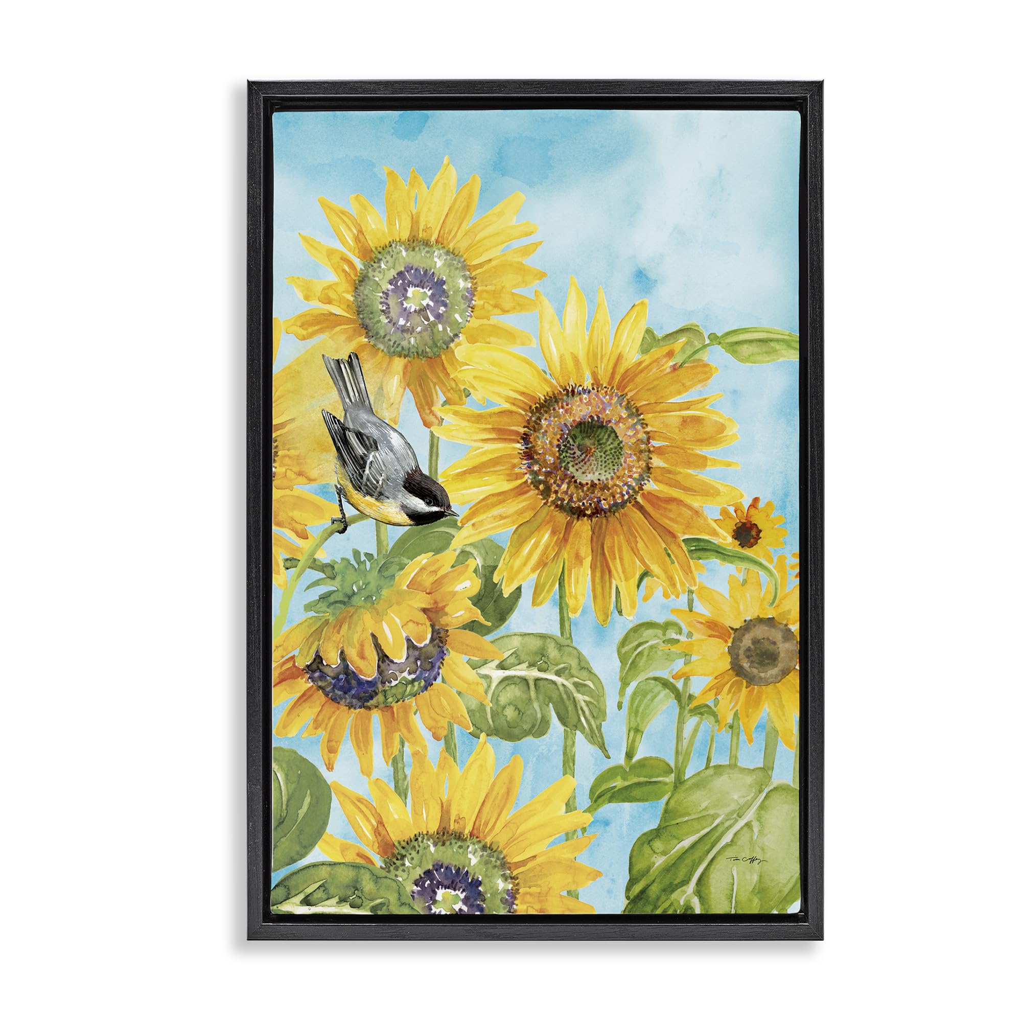 Stupell Industries Jet Black (Matte) Sunflower Honey Bird Floral Charm, 16 X 24 Inch Canvas In Floater Frame