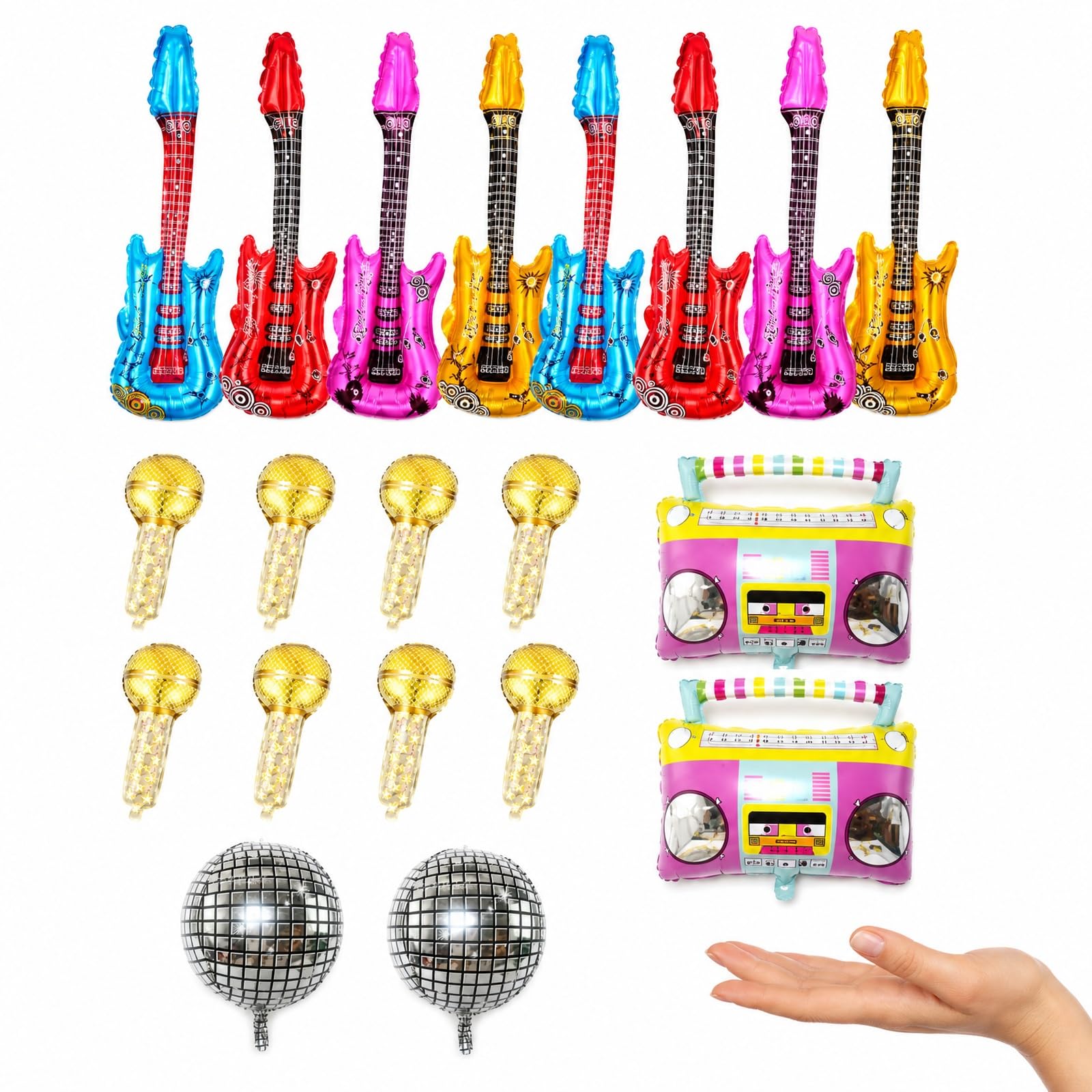 20 PCS Inflatable Guitar, Blow Up Guitar Party Prop Collection with Microphones, Radios and Disco Balls, Themed Decorative Accessory for Adult, Birthday Gatherings and Music Festival Venue Styling