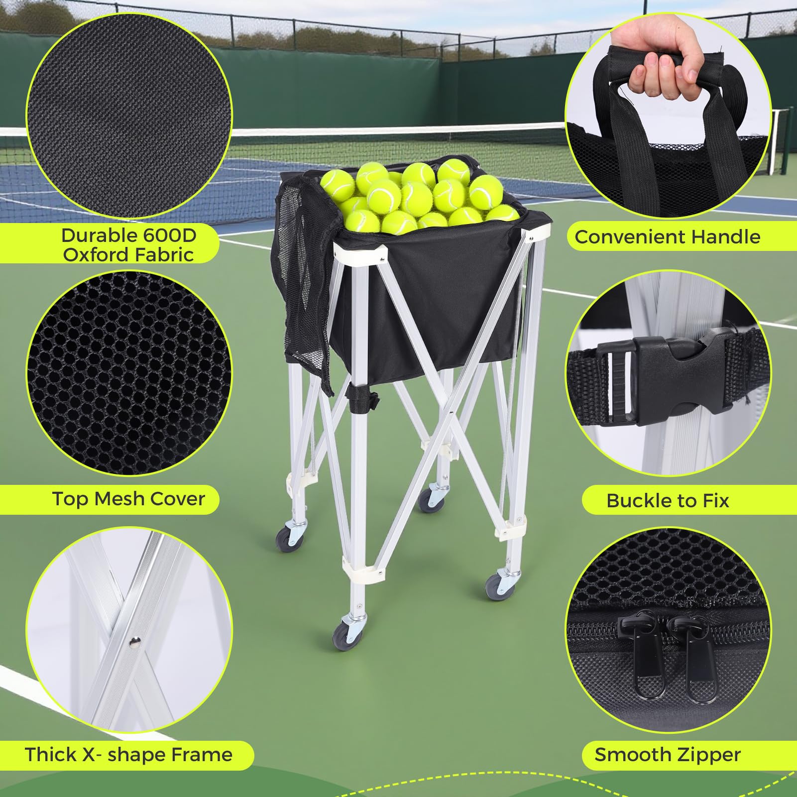 Pelotas de tenis portátiles Hopper, Carro de tenis con ruedas, plegable, gran capacidad, cesta de pelotas de tenis, 170 bolas para entrenamiento