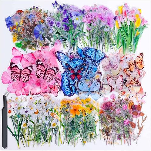 401 calcomanías transparentes de flores y mariposas, calcomanías florales transparentes para álbumes de recortes, suministros para planificador de