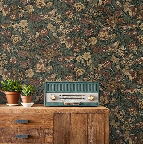 Miniatura 4 de Papel tapiz prepegado vintage de pájaro caoba y grafito