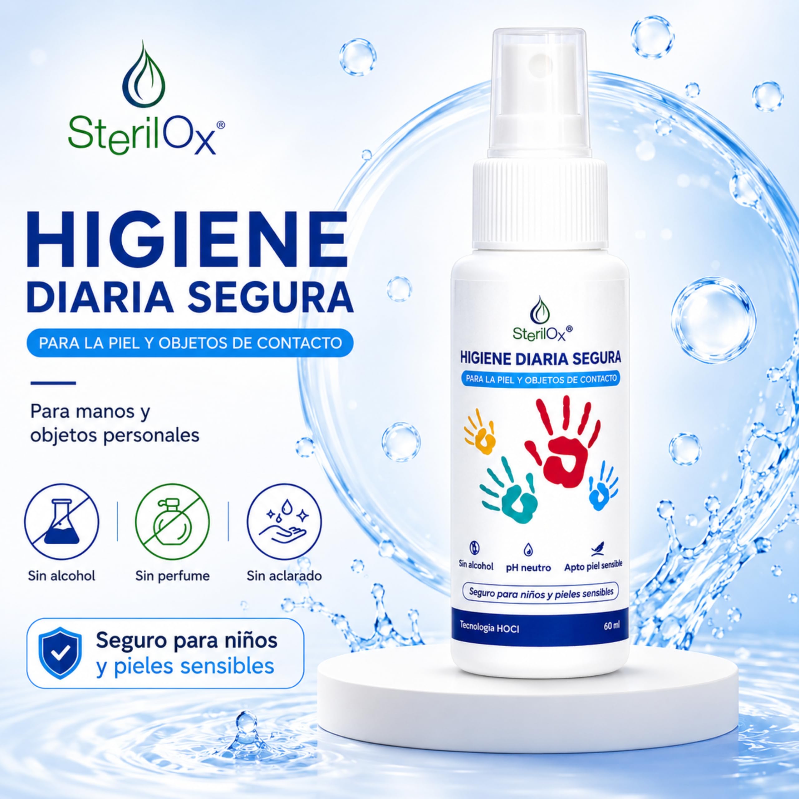 60 ml - spray cosmético antiseptico - para manos, juguetes, platos, objetos/seguro para niños y mascotas/sin alcohol/sin perfume/con ácido hipocloroso (HOCl)