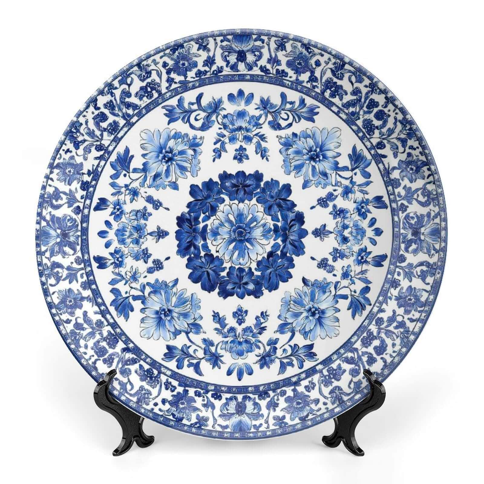 Blue Ceramic Decorative Plate, Chinese Style Decorative Dish with Stand, Blue and White Pottery Bone China Decorative Plates Art Porcelain Plate for Living Room Hallway Table Decor Ceramic