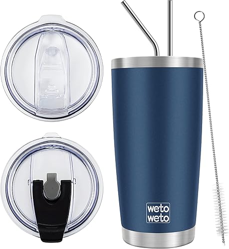 WETOWETO Vaso de 20 onzas con 2 tapas y 2 popotes vaso de acero inoxidable aislado al vacío vaso térmico de doble pared con recubrimiento en polvo a