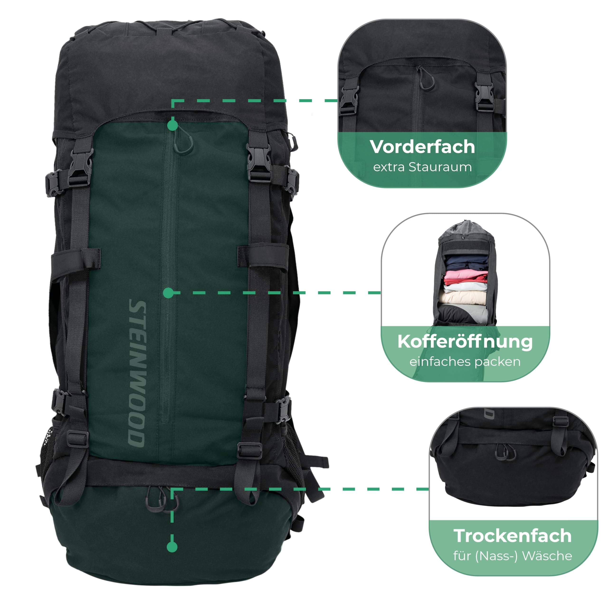 Steinwood Trekkingrucksack 70L (neu 2024), Wanderrucksack, Backpacker-Rucksack, Reiserucksack, wasserabweisend mit Regenhülle, schwarz