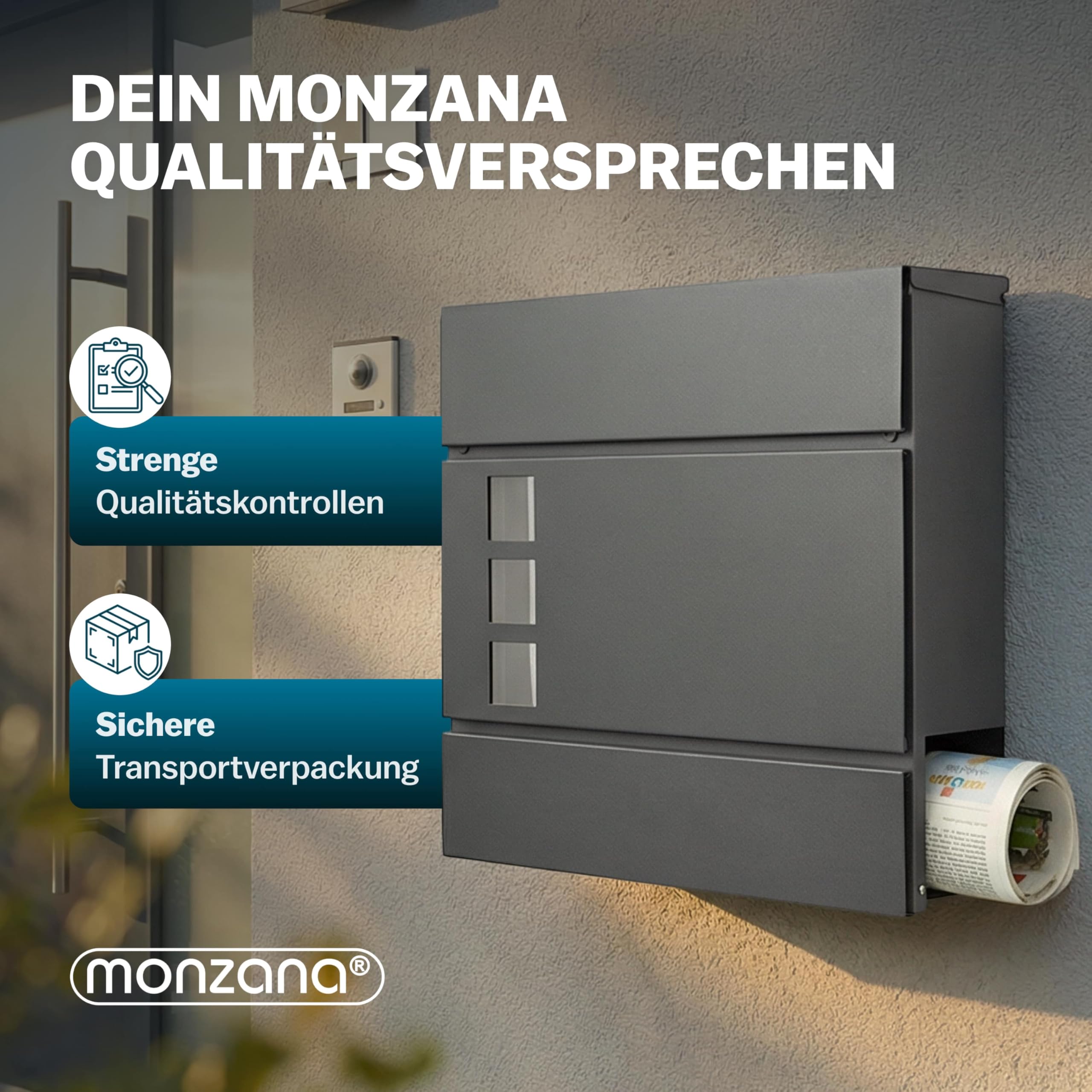 MONZANA® XXL Briefkasten Postkasten mit Zeitungsfach Sichtfenster abschließbar 2 Schlüssel Montagematerial Stahl modern einfache Montage Zeitungsrolle Wandbriefkasten Anthrazit